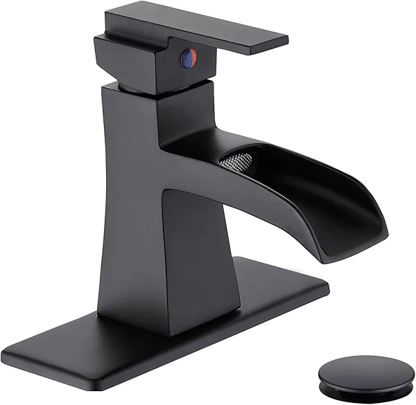 Sanliv Black Waterfall Bathroom Faucet, One-Handle Bathroom Faucets for Sink 1 or 3 Hole, Matte Black Vanity Faucet, Single Hole Restroom Sink Faucet with Pop Up Drain