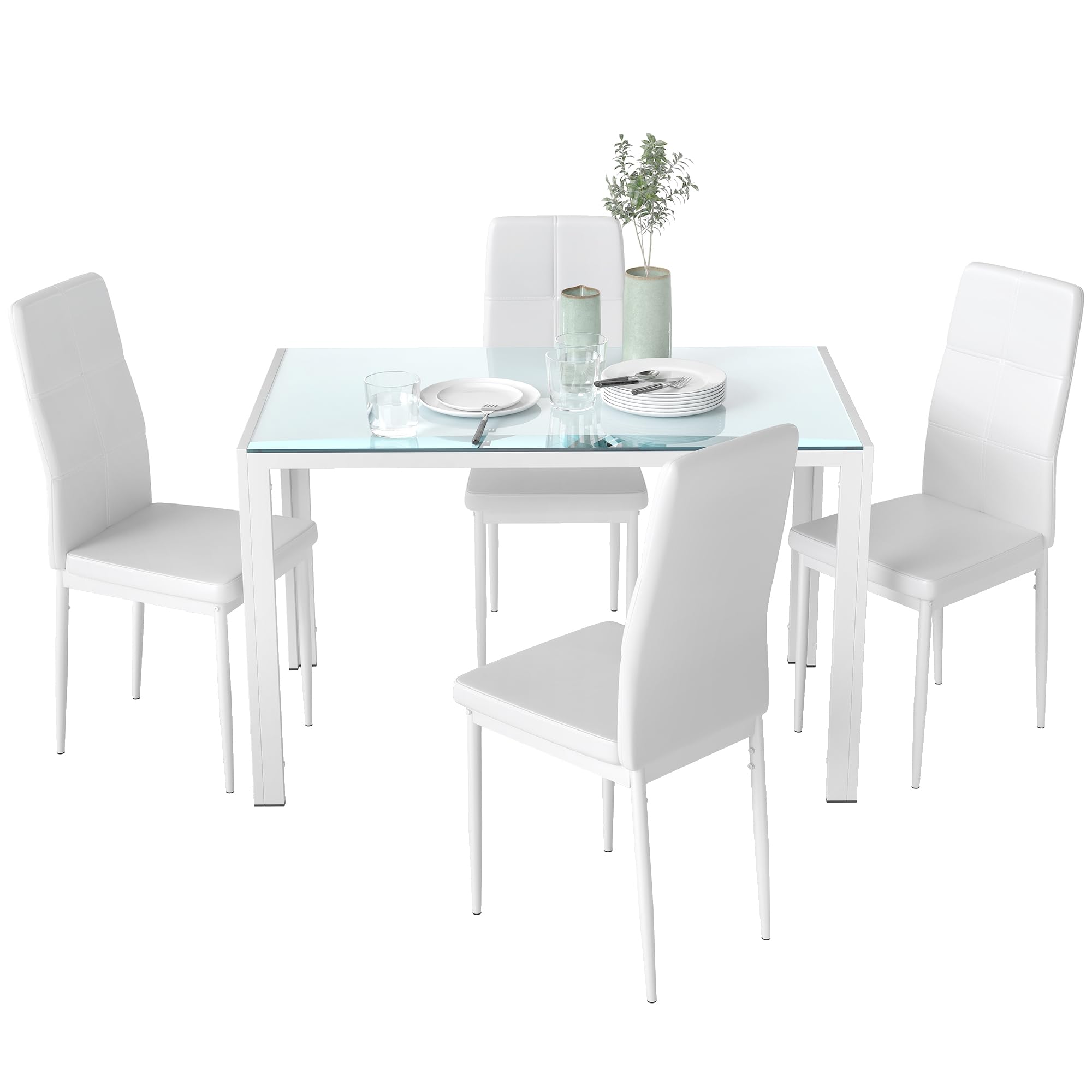 HOMCOM Conjunto de Comedor Mesa y 4 Sillas 5 Piezas Juego de Mueble de Cocina Mesa Rectangular de Vidrio Templado y Sillas Tapizadas en PU con Patas de Metal Blanco