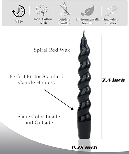 Miniatura 4 de LPUSA Velas Cónicas en Espiral Negras Hechas a Mano Velas de Candelabro Cera Sin Perfume Vela de Cena Sin Goteo para Boda, Cena, Vacación, Fiesta,