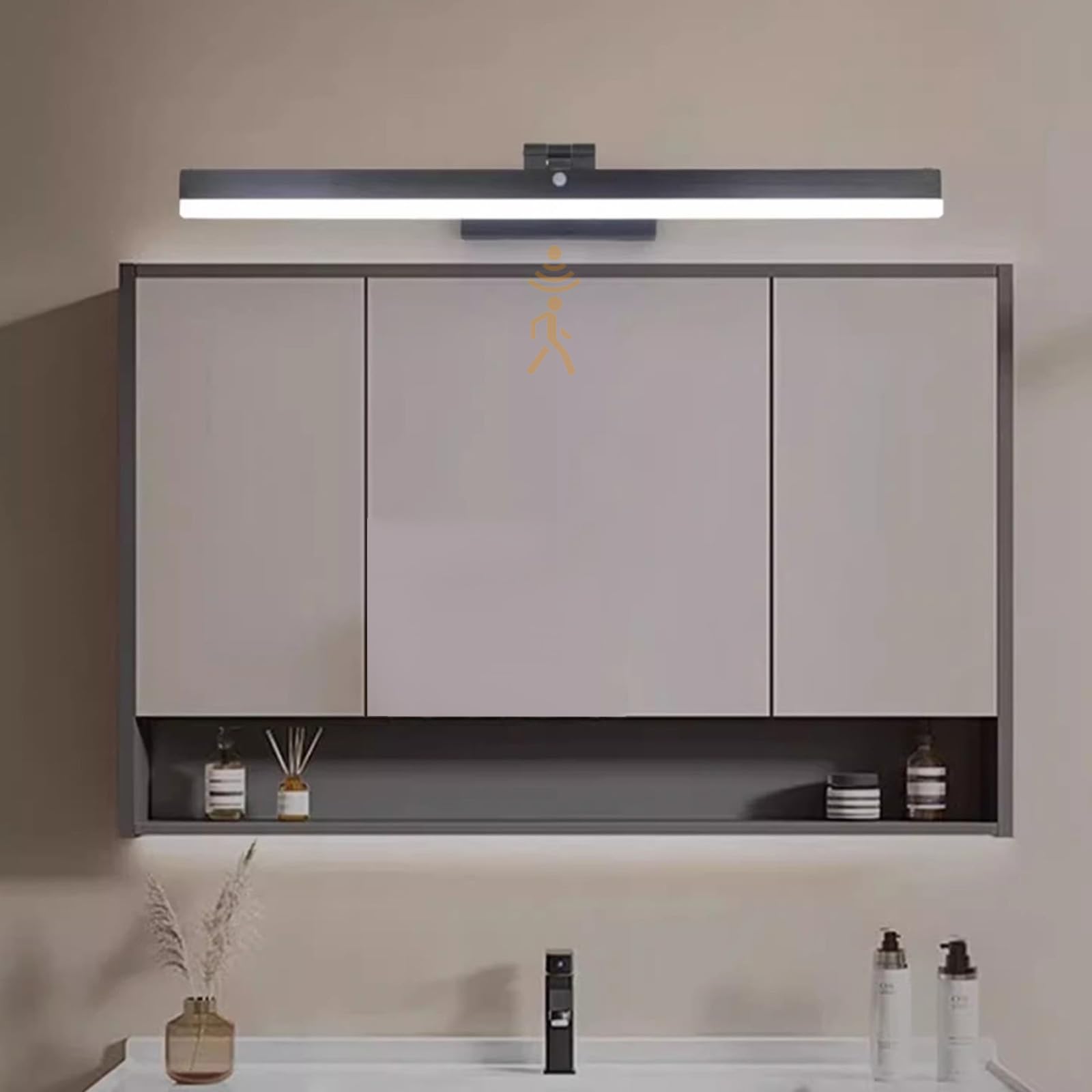 Kinkiet LED do łazienki z czujnikiem ruchu 120 stopni, akrylowy, aluminiowy, minimalistyczny, długi kinkiet, nowoczesna dekoracja lustrzana do salonu, sypialni i kuchni, czar,Black White Light-80cm