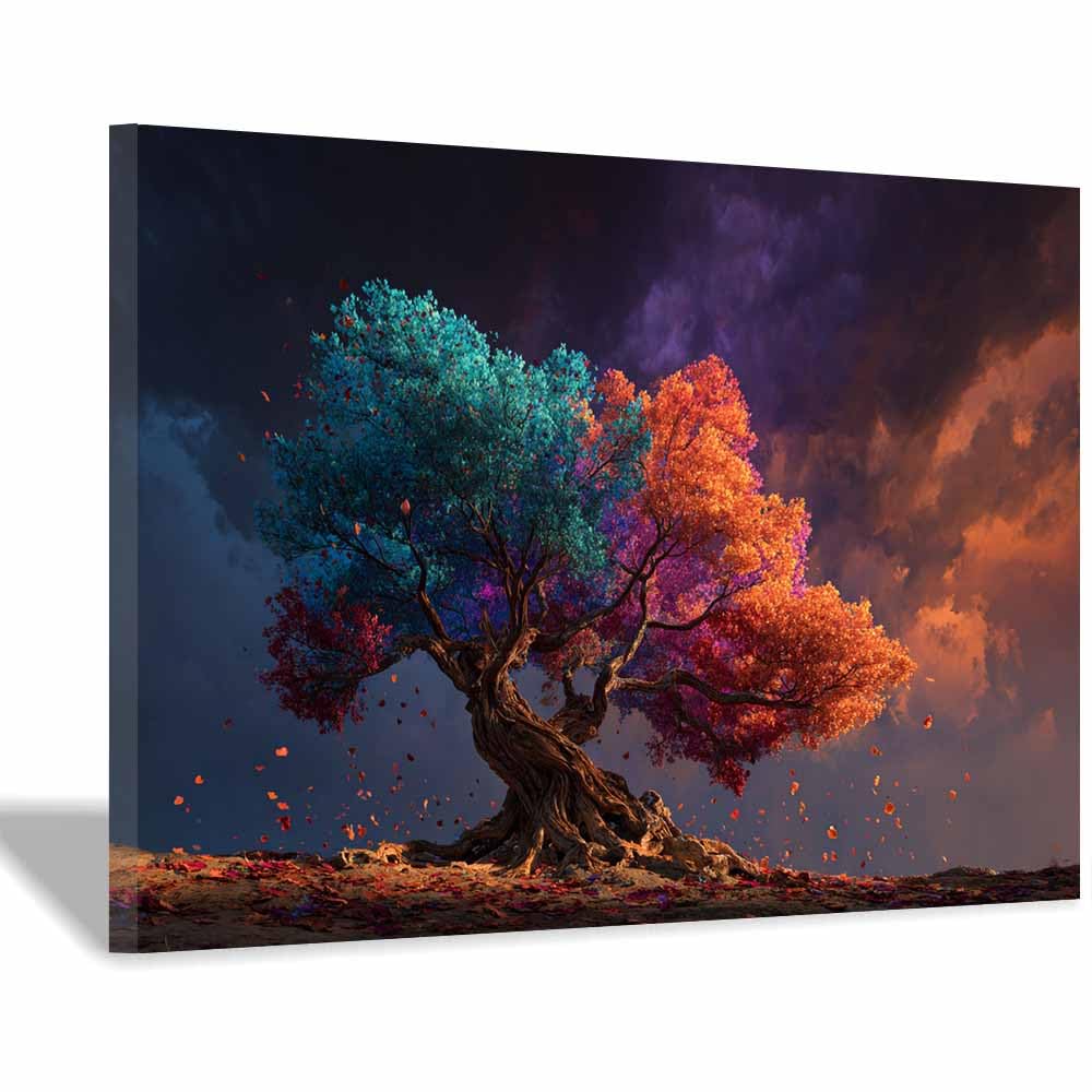 DMZPKZB Tree Of Life Large Wall Art Sunset Red Leaf Tree Colorful Canvas Art Prints,Abstract Painting,Scenery Wall Decor,For Gallery,Bedroom,Living Room And Hotel(Multicolor)-50x70cm Framed