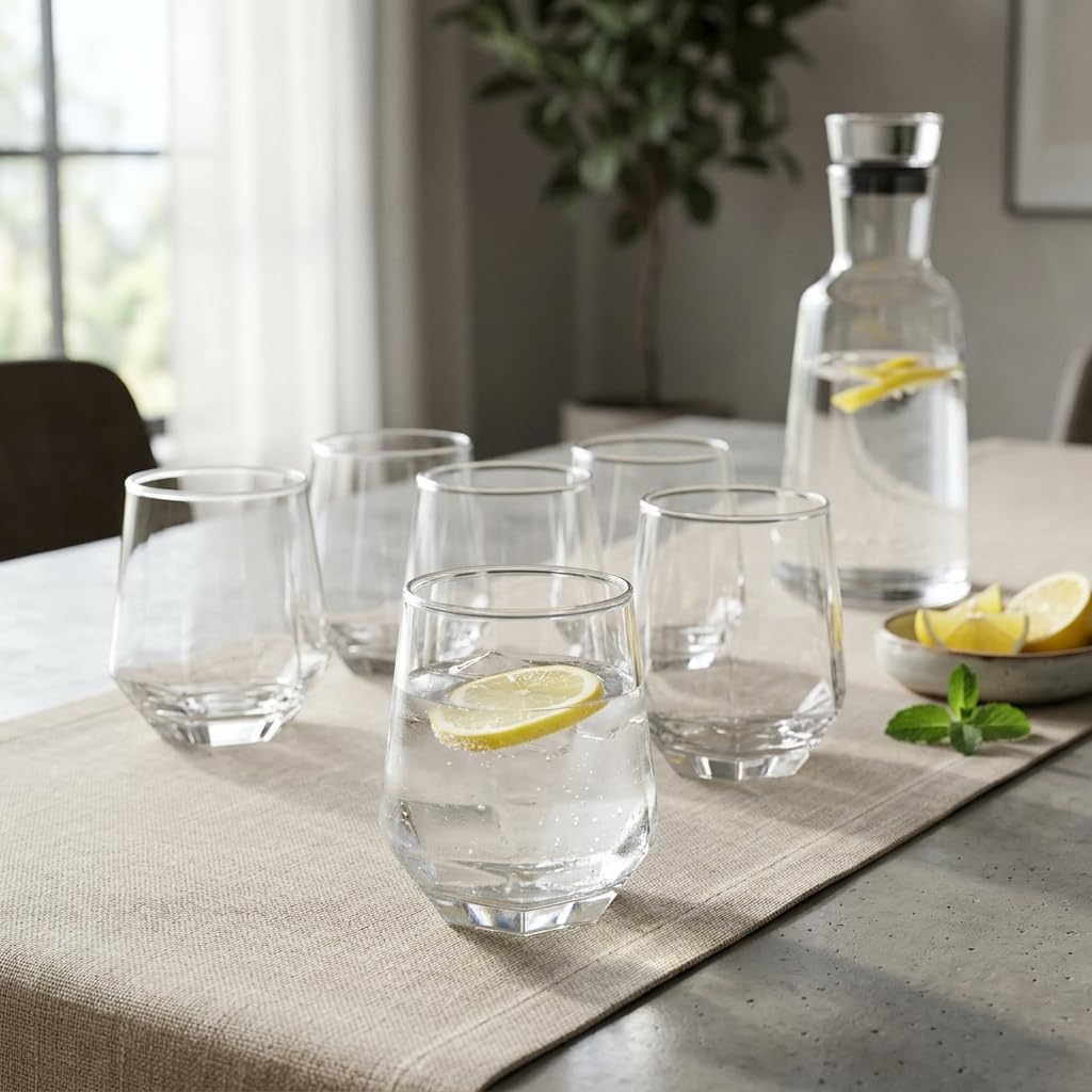 Deconox 6'lı Geometrik Cam Su ve Meşrubat Bardağı Seti - Modern Kesim Kahve Yanı Bardağı (340 ml)