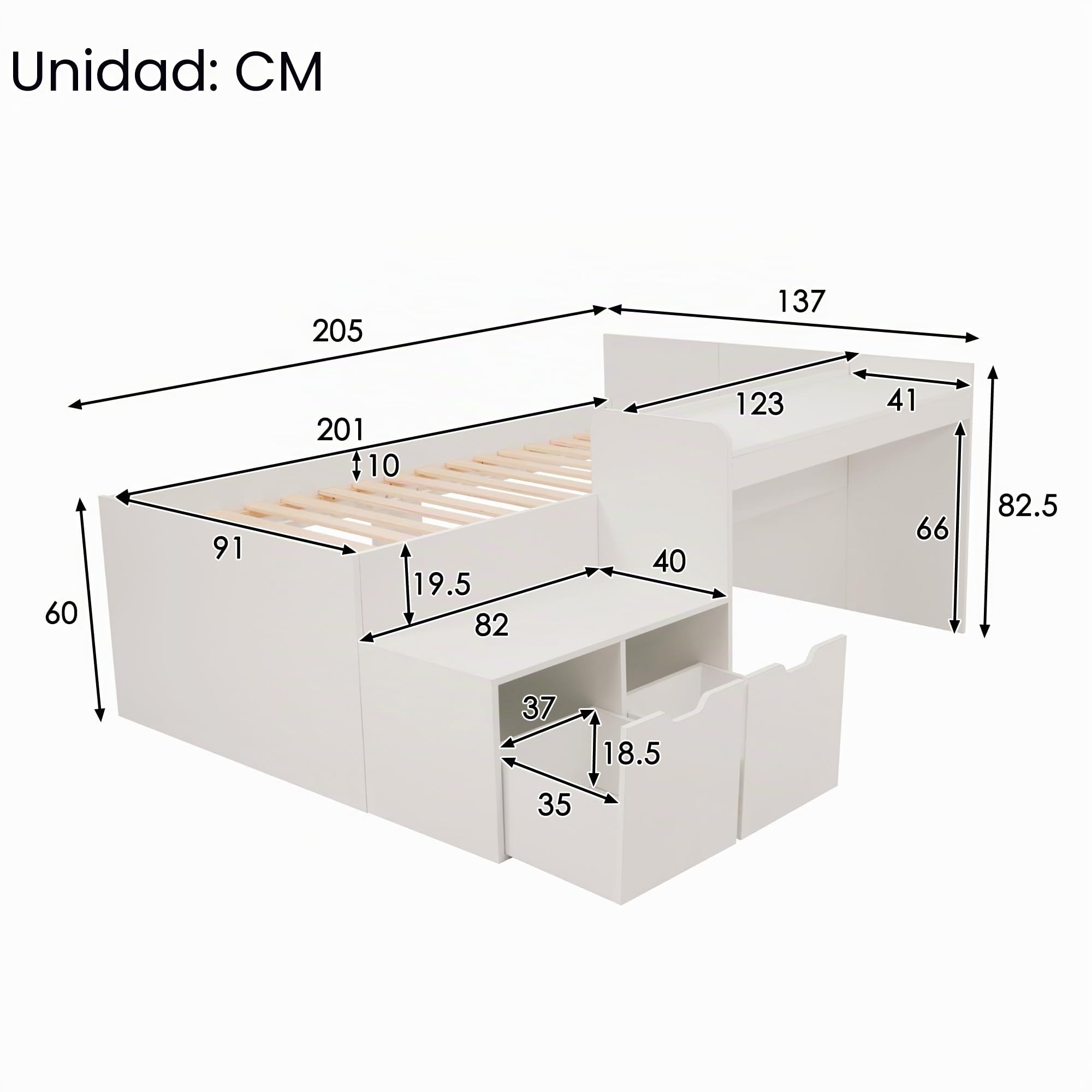 Cama infantil de 90 x 200 cm de madera maciza, cama individual, multifuncional con escritorio y cajones, cama de almacenamiento con somier, cama plana para niños y niñas, color blanco