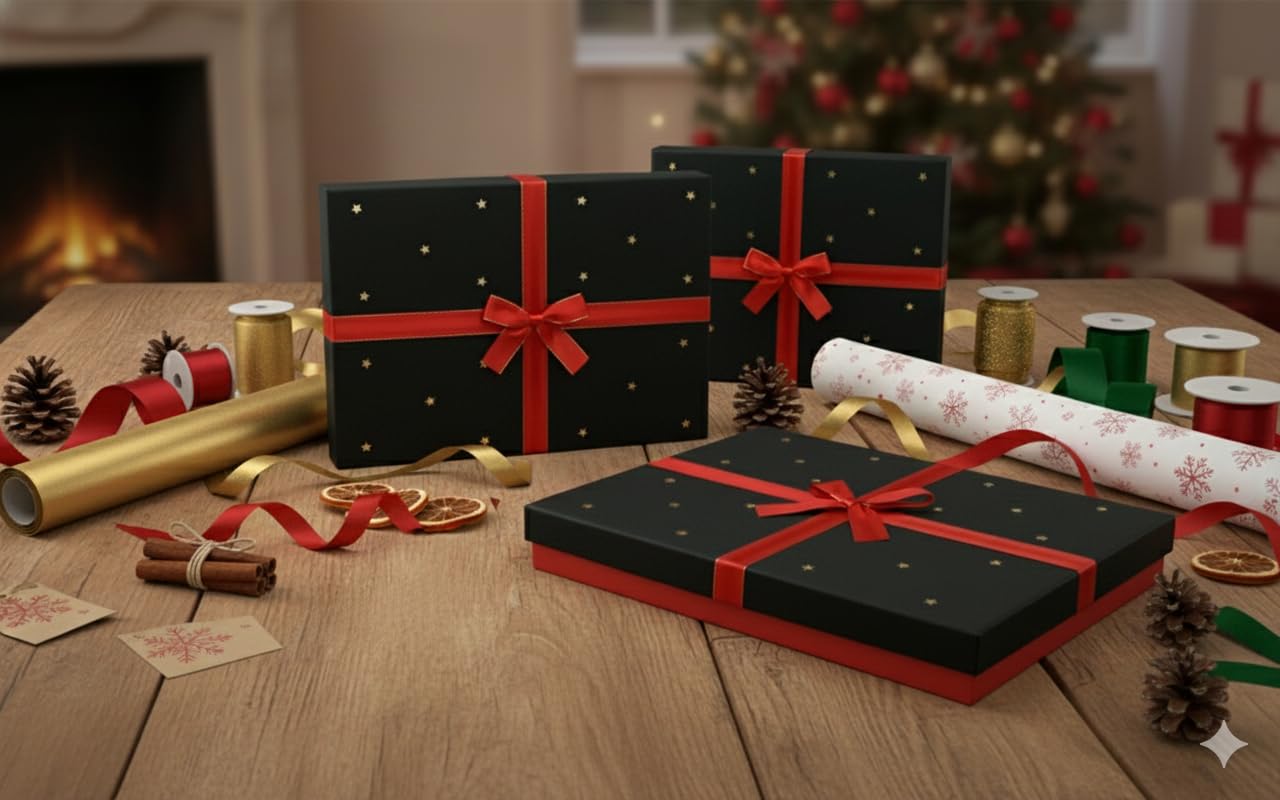 Emartbuy Lot de 3 boîtes cadeaux rigides - Boite rouge avec couvercle noir et étoiles - Intérieur marron et ruban décoratif rouge