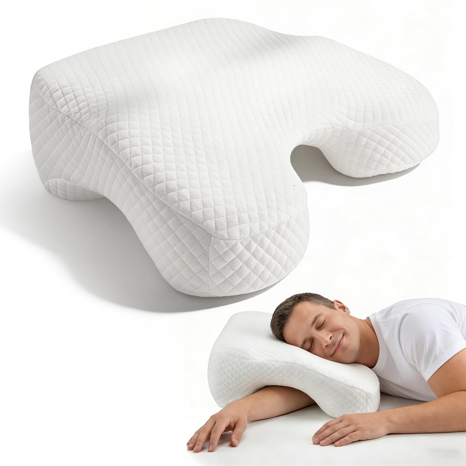 Oreiller pour dormeurs sur Le côté avec Trou pour Le Bras, 2 en 1 Coussin Cervical Ergonomique, Coussin Memoire Forme avec 3 Emplacements pour Dormeurs sur Le Côté, Le Dos