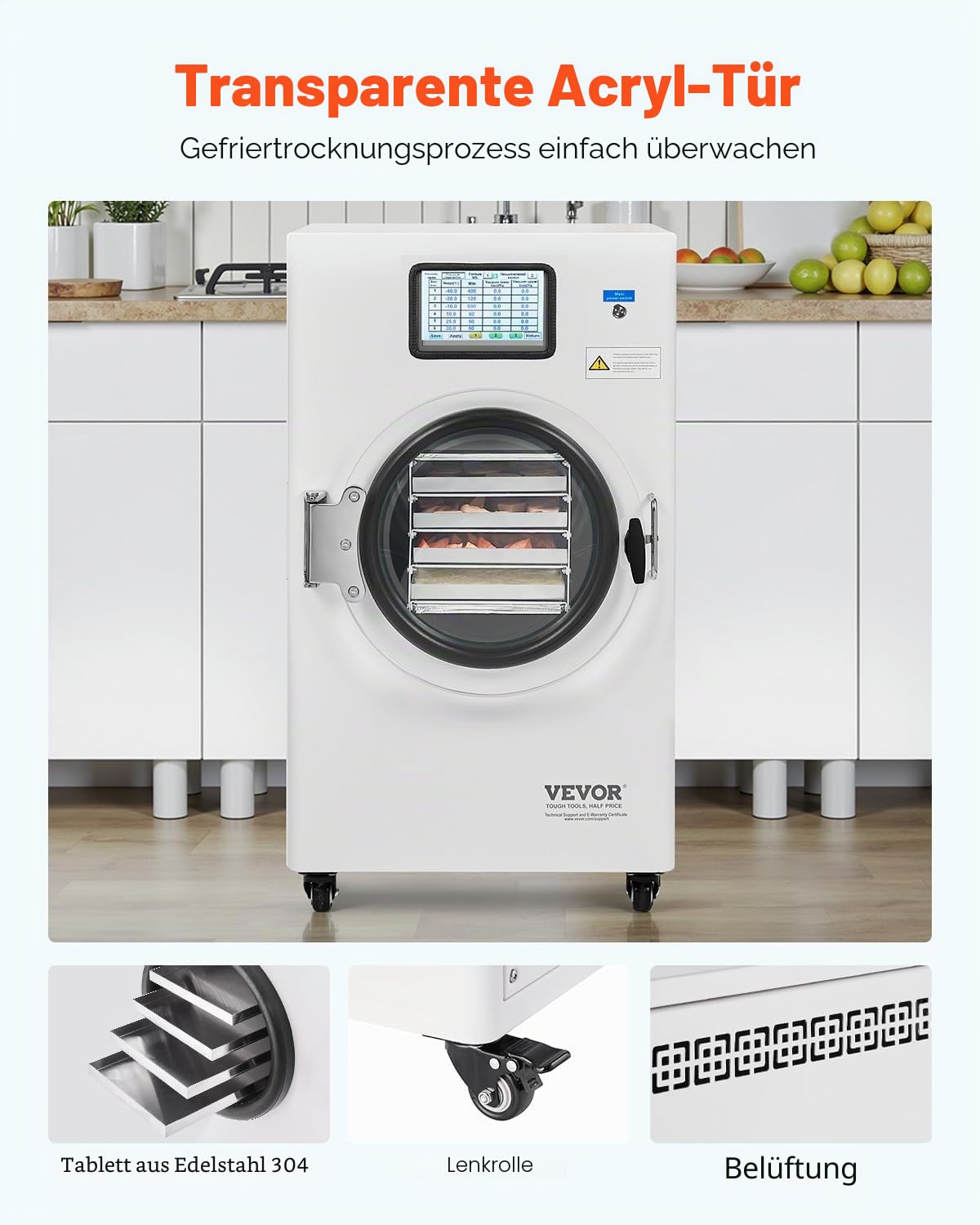 VEVOR Gefriertrockner Gefriertrocknungsmaschine Trocknungsausrüstung (4–6 kg Kapazität) für Lebensmittel mit 4-lagigen Tabletts & einstellbarer Temperatur und Zeit, für Früchte Obst Weiß