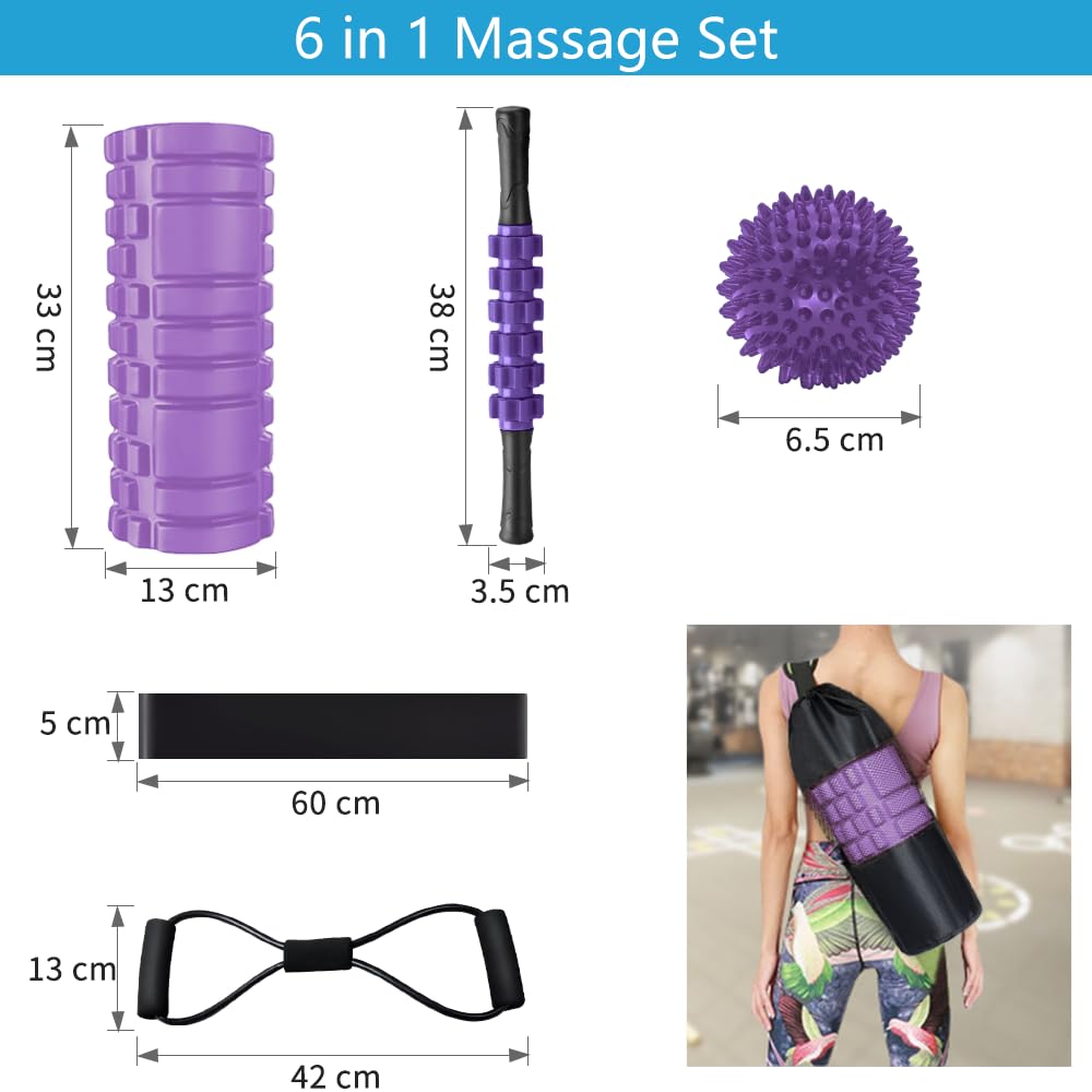 Rullo Massaggio Muscolare, Qveetry 6 in 1 Foam Roller Rullo in Schiuma Pallina Massaggiante Bastone Massaggio bande di resistenza per Stretching Yoga Pilates Rilascio Miofasciale