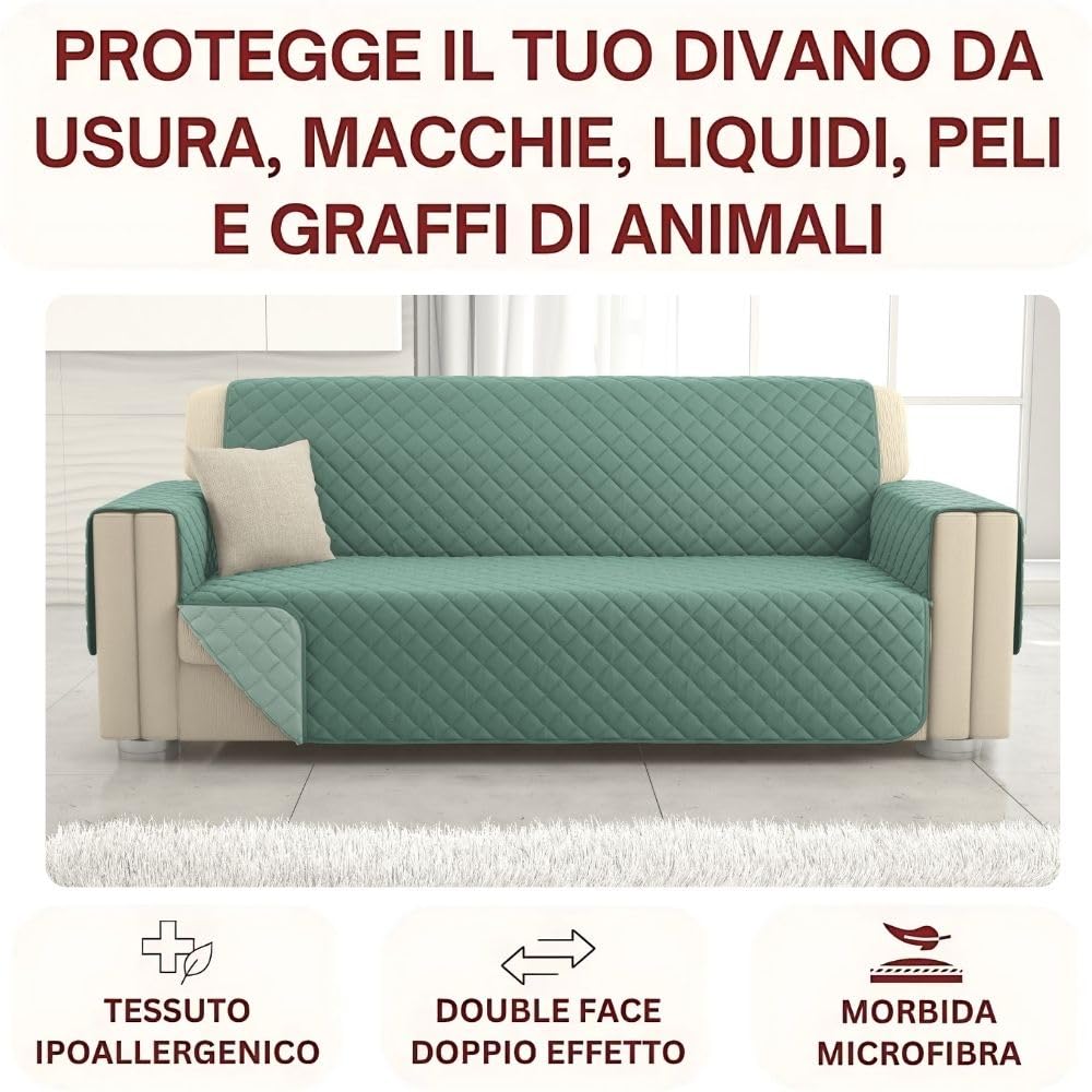 L'ANTICO ARCOLAIO - Copridivano 3 Posti Resistente ai Graffi e Antiscivolo, Reversibile in Microfibra Double Face Verde/Salvia