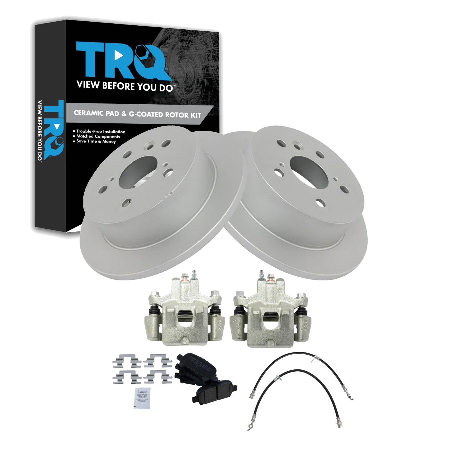 TRQ Rear Brake Pad and Rotor Set Ceramic Coated Rotors Calipers Compatible with 2006-2007 Toyota Avalon 2006-2008 Solara