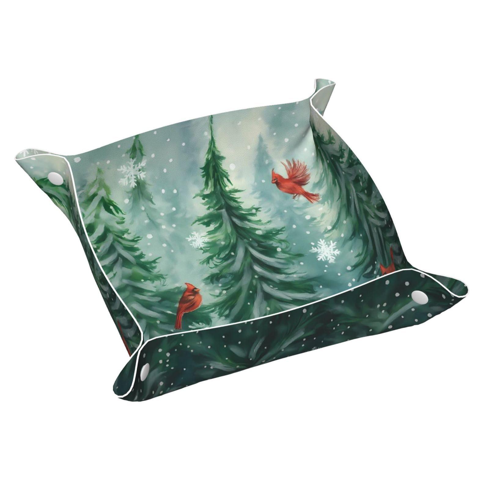 HLBSDM Snowy Pine Forest & Cardinal Bird Tray Men's Leather Valet Parking Portable Entrance Trays Bedside Storage Box