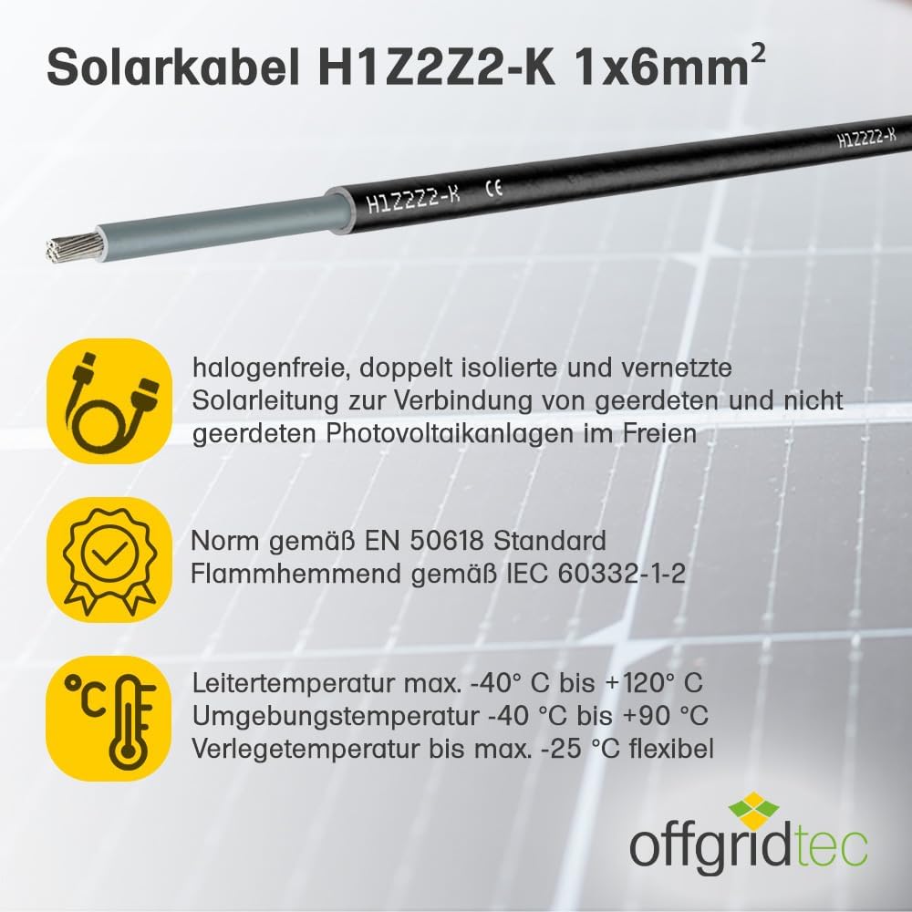 Offgridtec Câble solaire H1Z2Z2-K 6 mm², câble en cuivre simple pour installations photovoltaïques, résistant aux UV et aux intempéries, sans halogène, conforme à la norme IEC 60228 EN 50618 (100 m