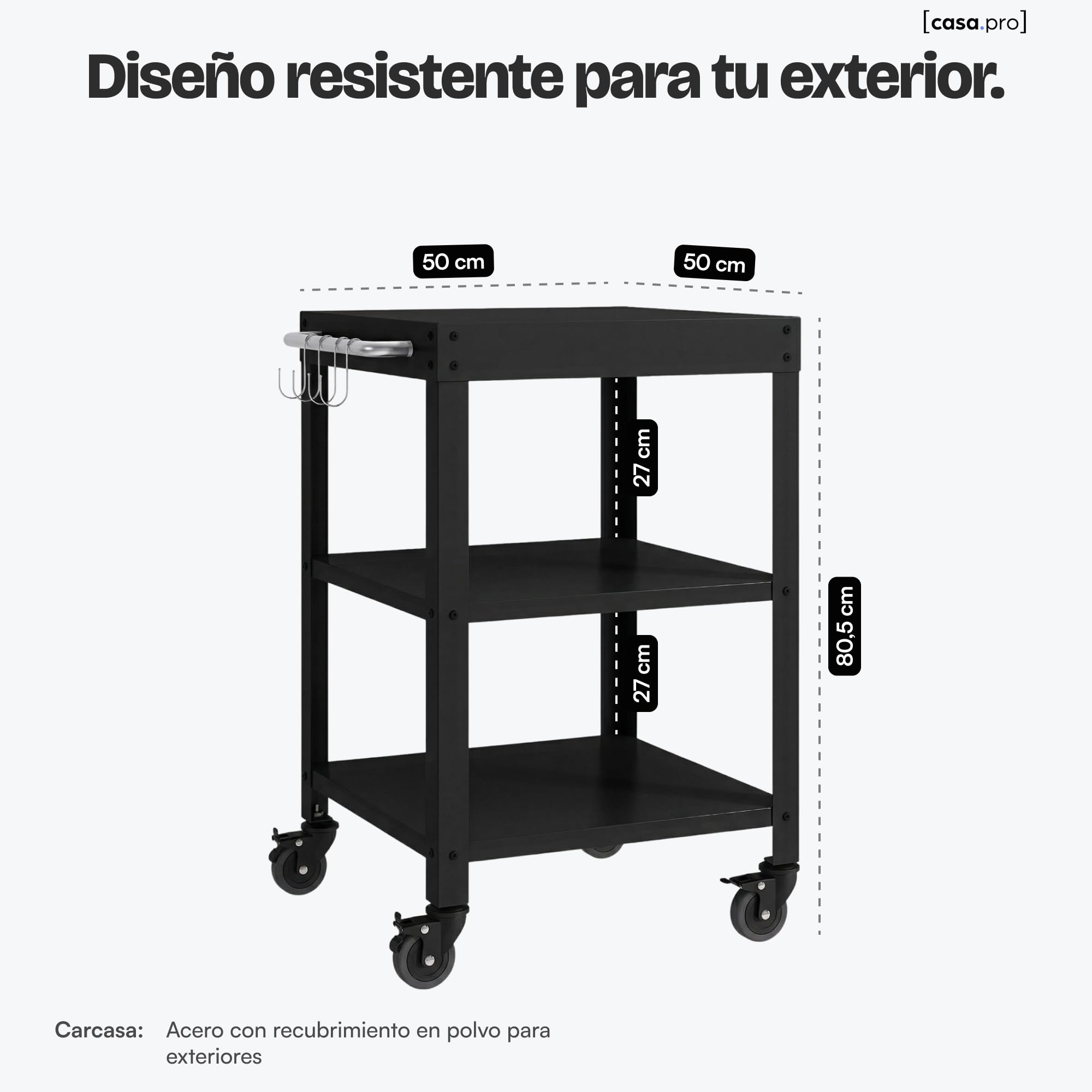 casa.pro Carro de Servicio Bolognano para Jardín Carrito Auxiliar con Ruedas de Exterior Carro de Barbacoa de 3 Niveles Patio Piscina Terraza Metal 81 x 50 x 50 cm - Negro