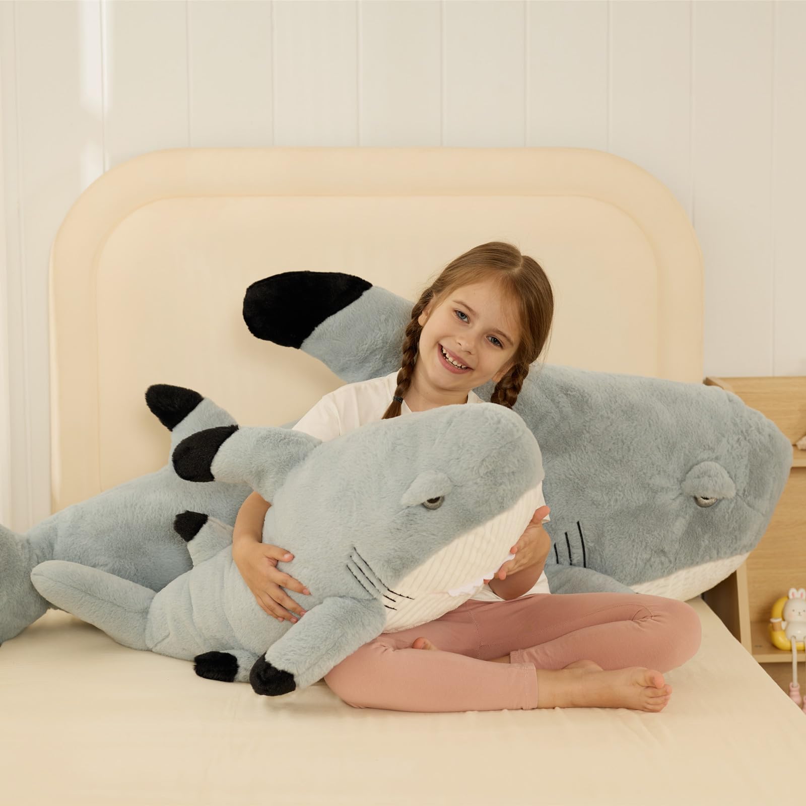 KERTA 32inches Shark Stuffed Animals, 2.6ft Large Gray Stuffed White Shark Plush Body Pillow for Girls Boys, Realistic Ocean Plush Toy Birthday Party Decora Gift for Adults 8