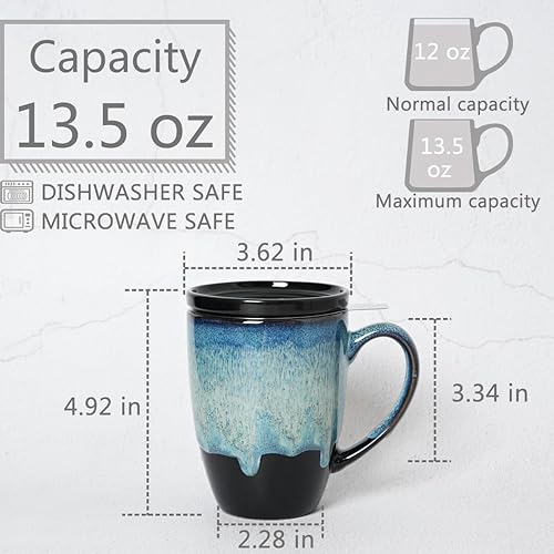 Miniatura 2 de Bosmarlin Taza de té de cerámica con infusor y tapa, 13.5 onzas, taza de té de hojas sueltas con colador, apta para microondas y lavavajillas,