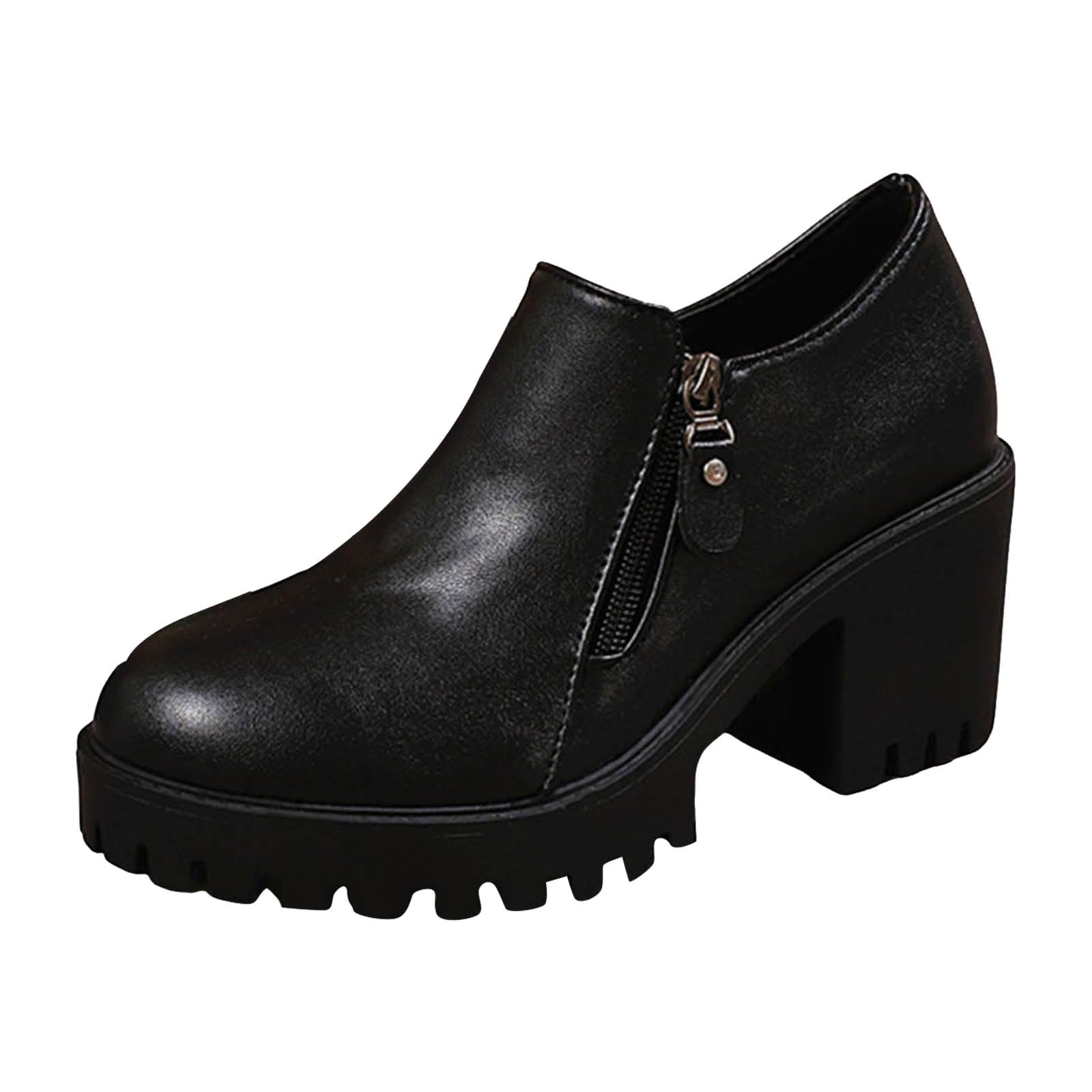 Womens Plus Size Smooth Leather Boots Round Toe Side Zipper Thick Heel Fashion Boots