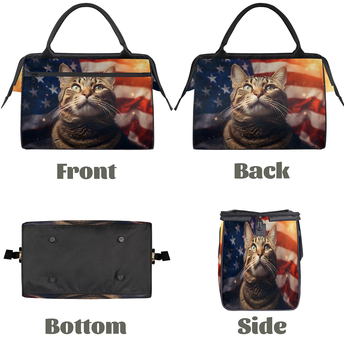 Borsa da palestra con gatto con bandiera americana del 4 luglio per uomini e donne, borsone sportivo da viaggio impermeabile per il fine settimana borsa da notte leggera da portare a mano
