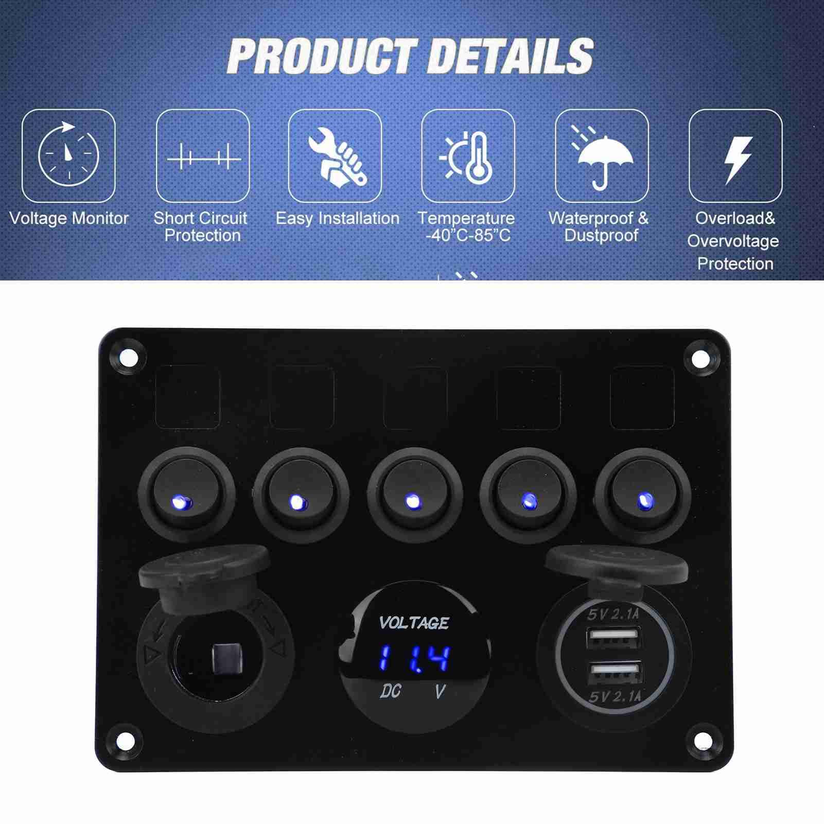 Panel przełączników 5-krotnych lvifloae 12-24 V, panel przełączników LED łodzi morskiej z woltomierzem cyfrowym, podwójna zapalniczka USB do przyczepy RV Truck (Zielony)