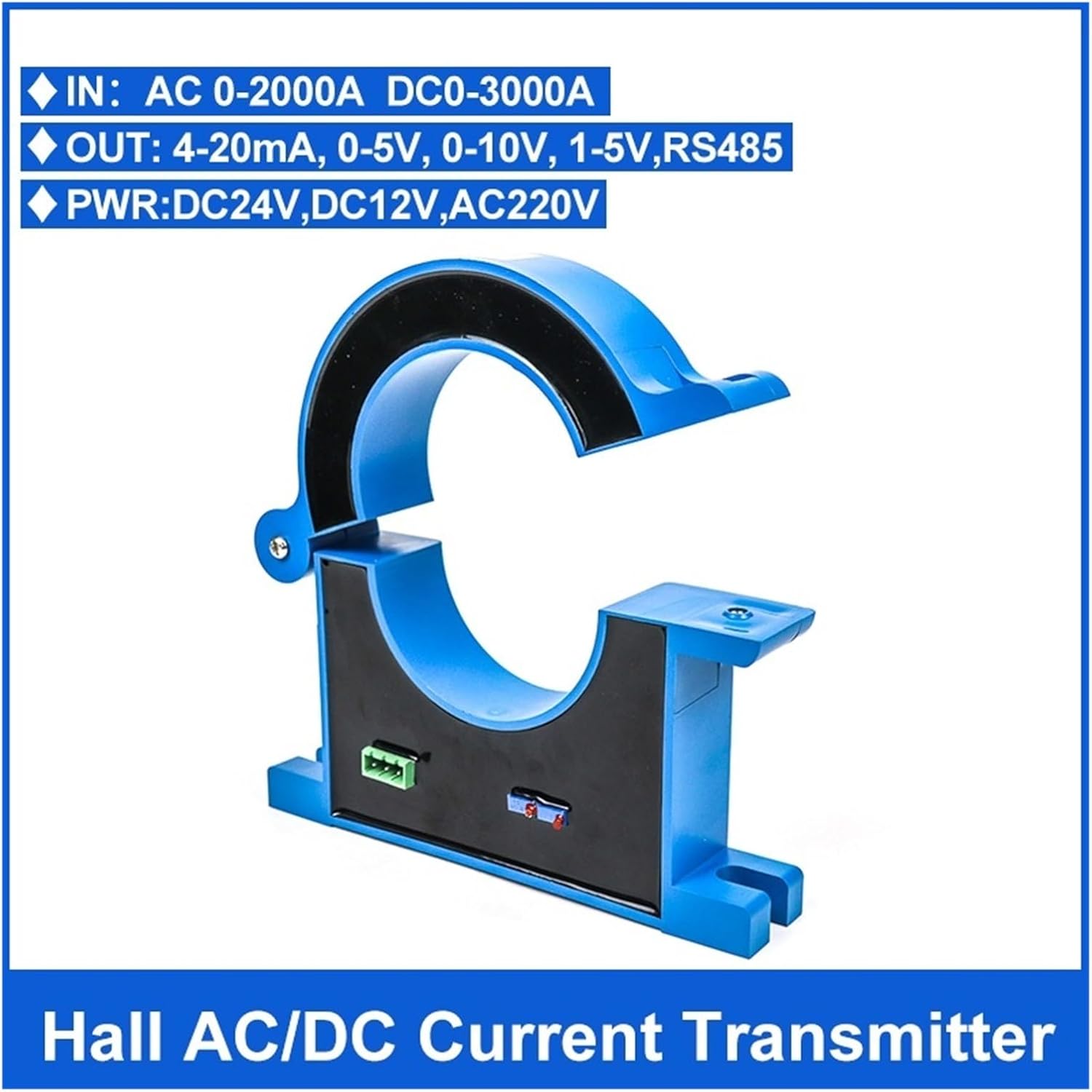 Split Hall Effect AC/DC Current Transmitter Open Loop Current Transducer Sensor 4-20mA Output 0-100A 0-200A 0-500A 0-1000A(4-20ma,0-300A DC-38MM-DC24V)