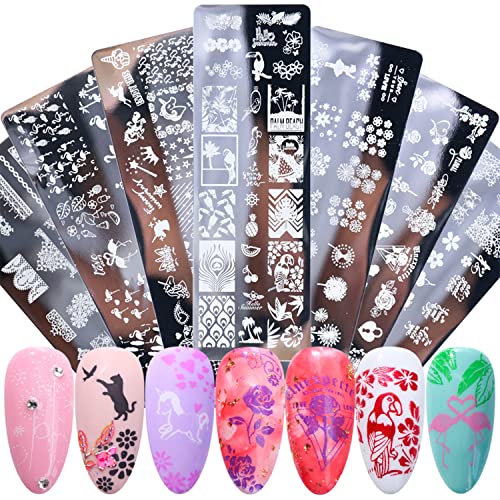Valentine's Day Nail Art Stamping Plates Kit 7 pcs Heart-Shaped Love Heart Kiss Couples Rose Lipstick Red Lips Pattern Nail Art Polish Stamping Template for Nail Art Designer Manicure Tools Set