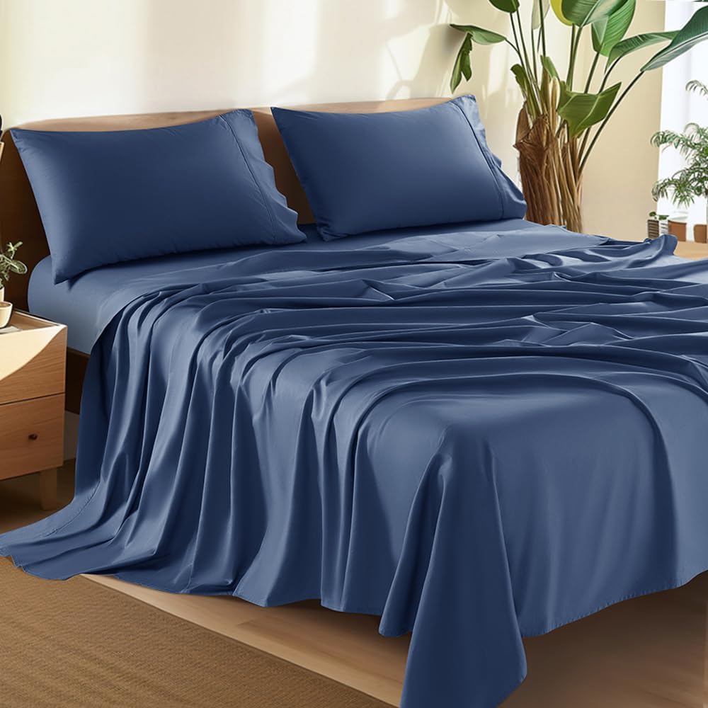 shilucheng 100% cotton king size sheets set - 1500 thread count?luxury egyptian cotton bed sheets?5-star hotel quality sheets, breathable & cooling, 16 inch deep pocket - 4 piece (navy blue) navy blue (1500 thread count) king
