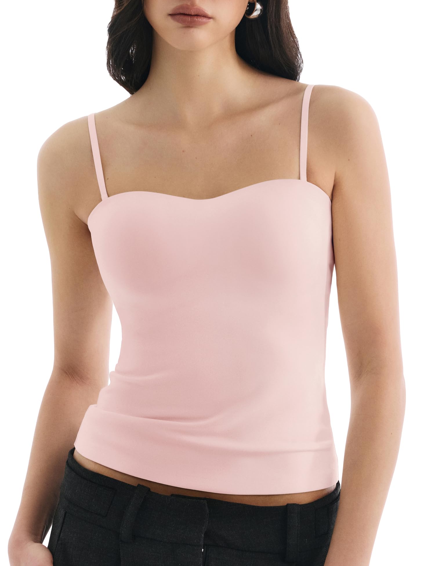 Built in Bra Tank Tops for Women, Double Lined Padded Cami Scoop Neck Spaghetti Straps Basic Summer Top 2026 Blush Pink X-Large