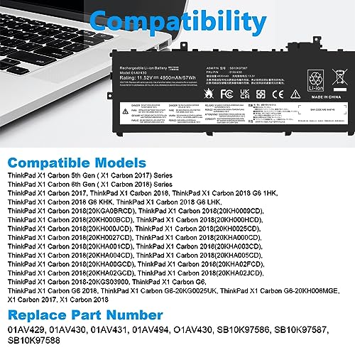 Image of ASUNCELL 01AV430 SB10K97587 Battery Replacement for Lenovo ThinkPad X1 Carbon 5th Gen 2017 6th Gen ThinkPad X1 Carbon 2017 /2018 Series 01AV429 SB10K97586 01AV431 SB10K97588 01AV494 SB10K97586