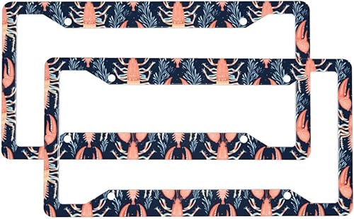 2 Pcs Car License Plate Frames for Women Men - Aluminum Solid Vintage Lobster Print License Plate Cover for Car Accessories for Women Men with