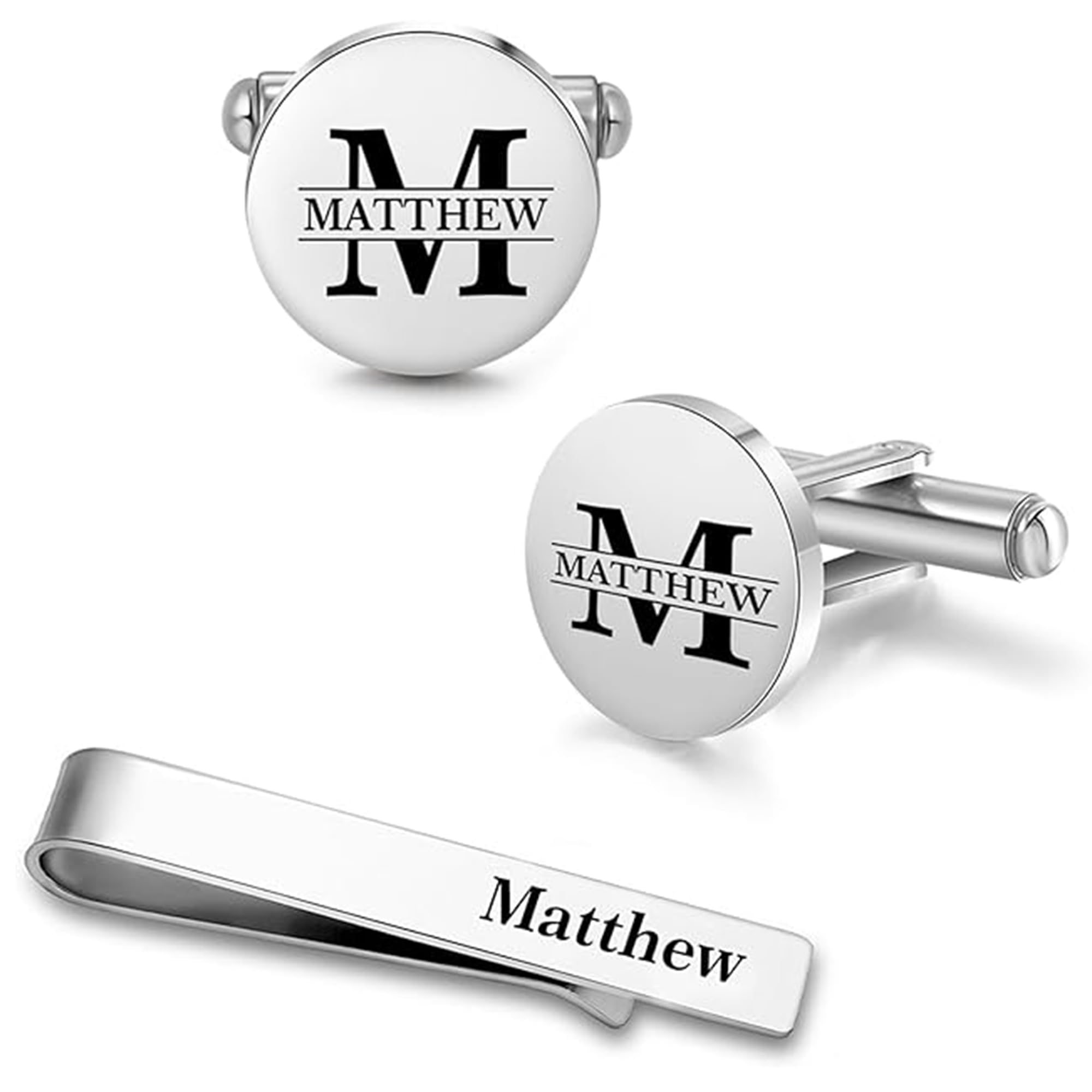 Personalized Mens Cufflinks and Tie Clip Set, Custom Name and Initials, Wedding Cufflinks for Groom Groomsmen Gift Dad (Sliver)