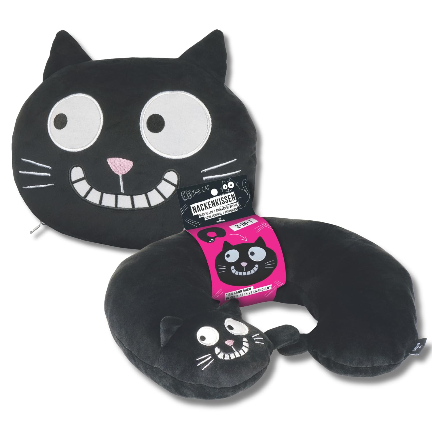 Mojżesz Ed, The Cat Poduszka na kark | 2 w 1 szyjka i poduszka podróżna | Poduszka podróżna w kształcie kota 28 cm czarna, czarny, 28 cm, Poduszka podróżna