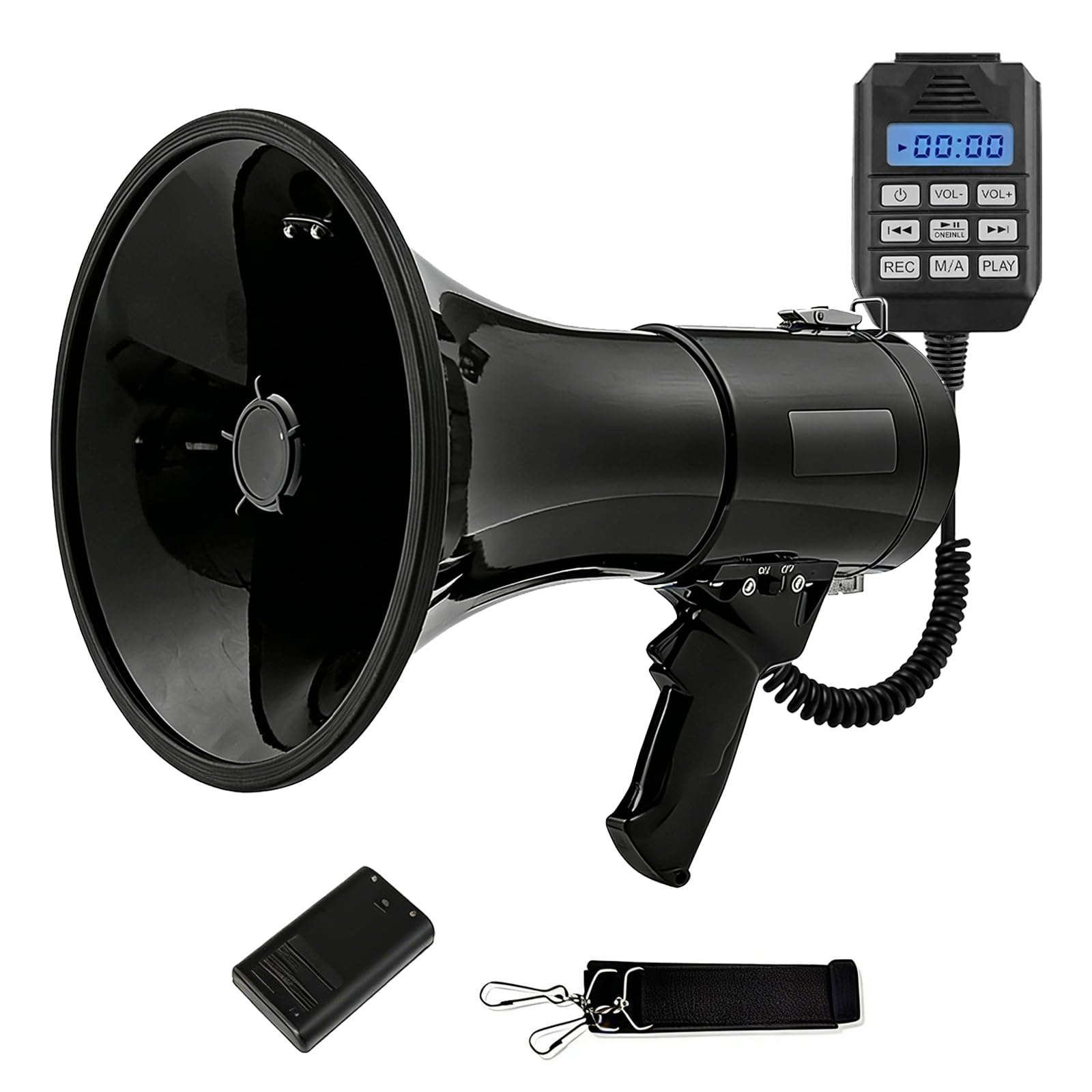 Megafono con Sirena e Microfono, Funzione di Registrazione e Bluetooth, Potenza Massima 100 W con Una Portata di 2000 m, MP3, USB, SD, AUX, megafono con Tracolla.