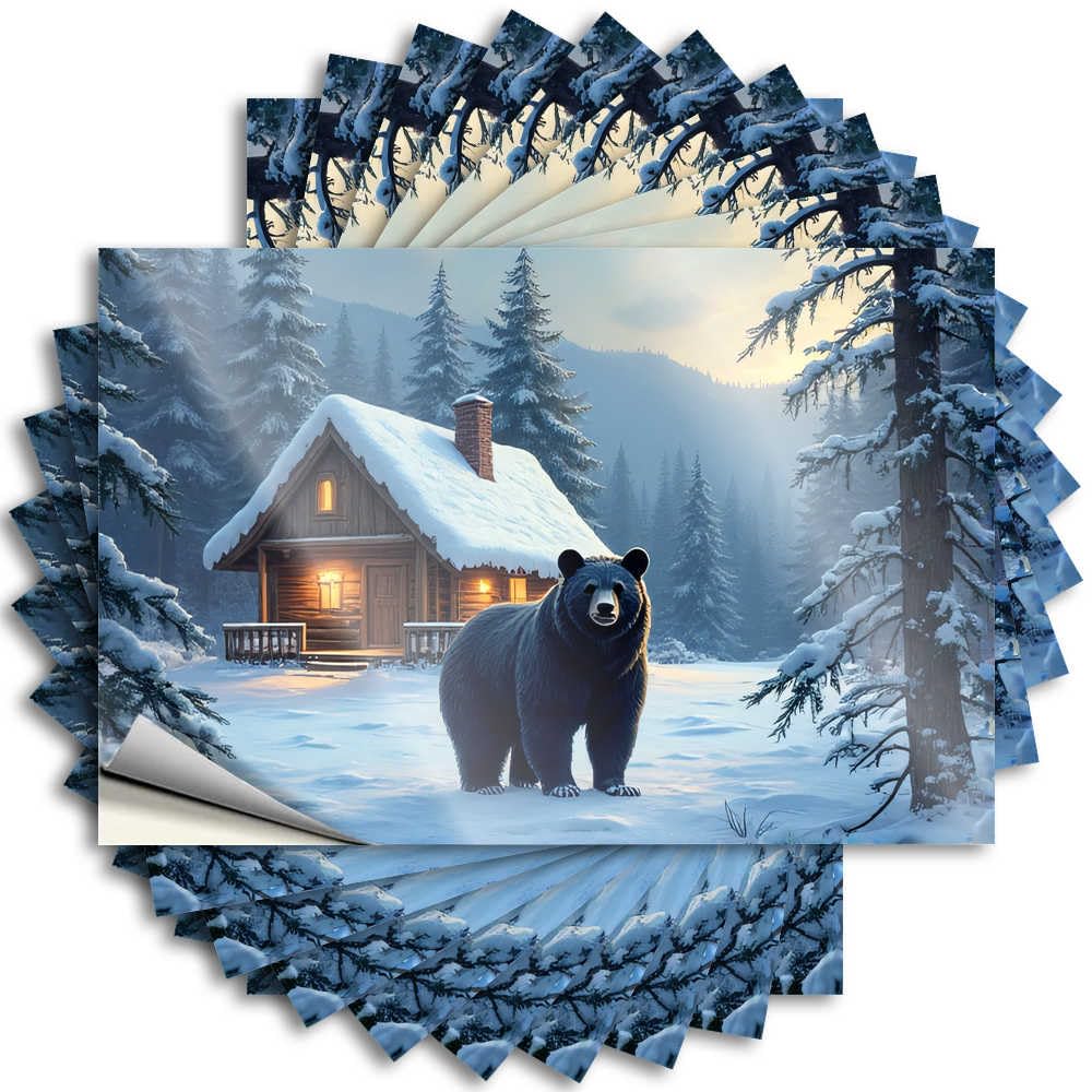 Tattoo Water Coastal Snowy Cabin and Bear in The Forest for Spring - Entry Way Decoration Easy Peel Removable(6X9CM)