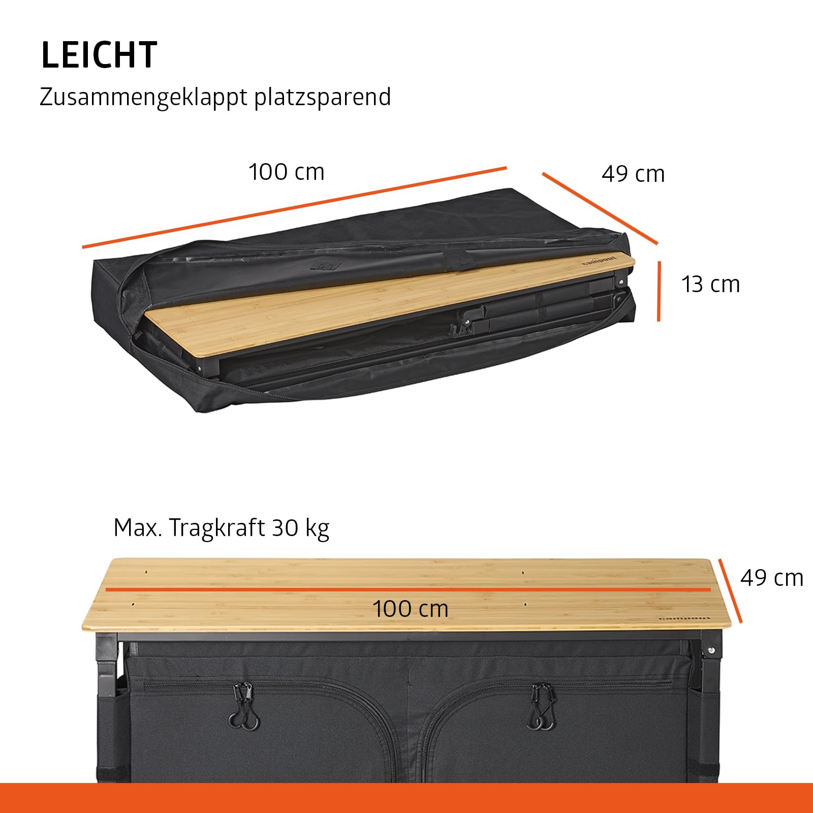 Campout Küchenzeile - 100 x 49 x 82,5 cm - Faltbare Campingküche - Outdoor Küche - Zusammenklappbare Campingschrank - Klappbar mit Stauraum - Platz für Gasflasche - Inkl. Tragetasche - Bambus