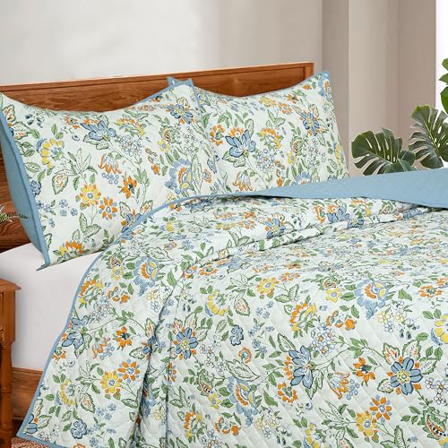 Image of ROYALE LINENS Twin Size 2 pc Quilt Set - Soft Lightweight 100% Microfiber Quilted Set - Printed Bedspread - Quilted Blanket Thin Comforter - Bedding Coverlets for All Seasons (Blue, 1 Quilt- 1 Sham)