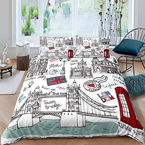 Girls Big Ben Parure Housse de Couette Boys Chic London Bridge Parure de Lit 220x240cm Retro UK Theme Housse de Couette for Children Enfants Women Cartoon...