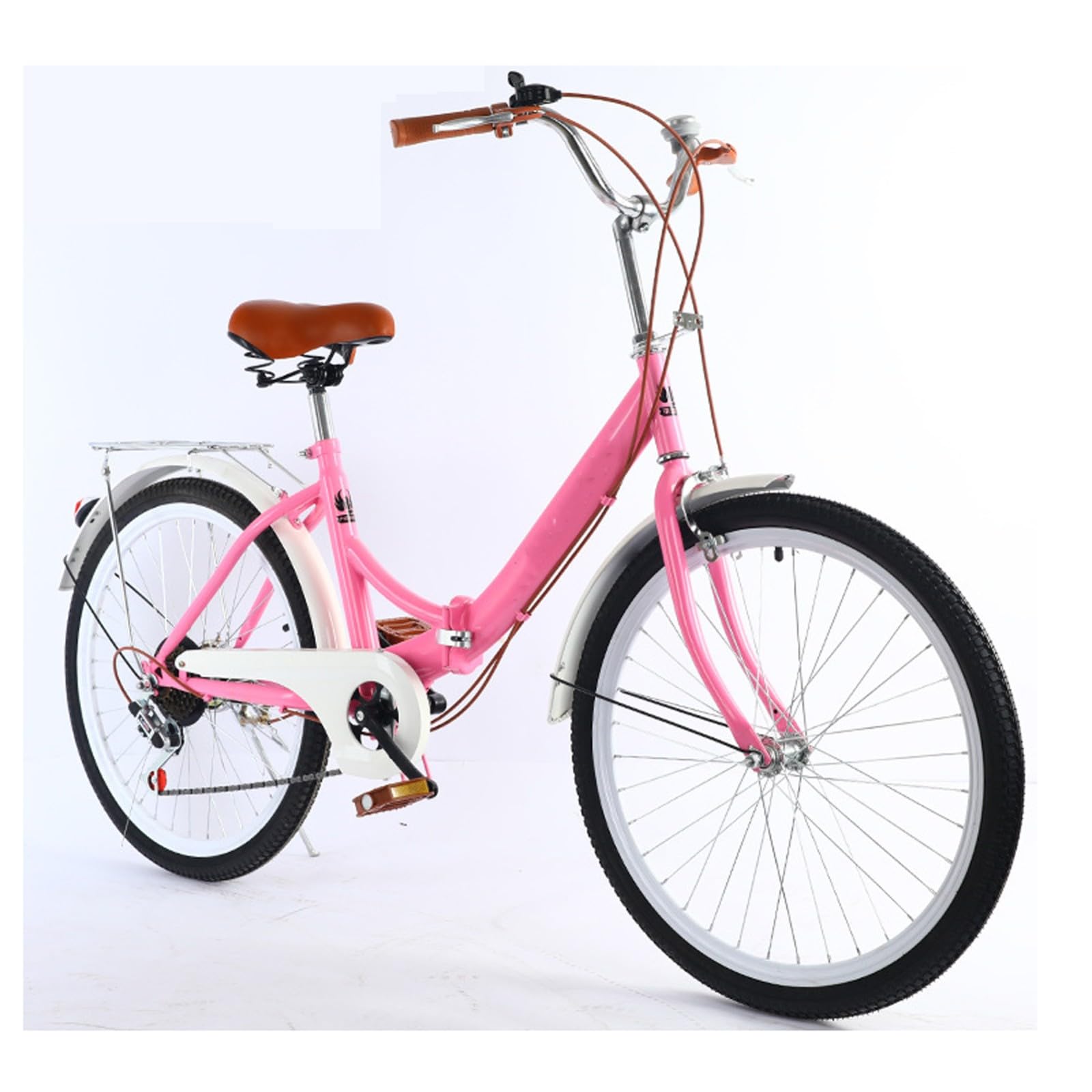 VHVYWY 24 Zoll Klapprad Für Erwachsene, Damenfahrrad Citybike, Damen Männlich Cityräder Retro Citybike 7 Gang mit Rücklicht und Autokorb Pink Sport & Freizeit