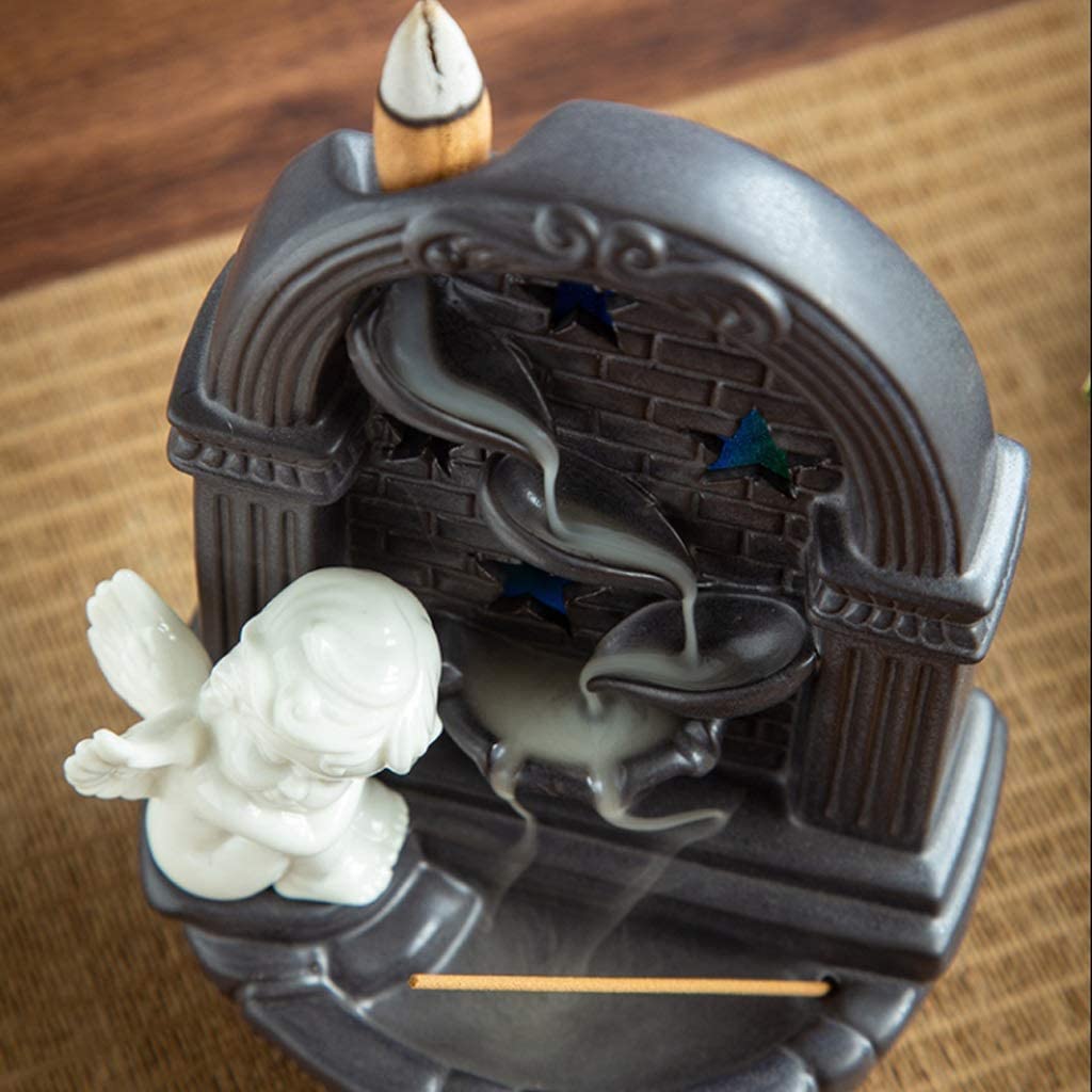 Quemador de incienso de reflujo, fuente de ángel de cerámica con cascada LED colorida, soporte de aromaterapia para el hogar, yoga y meditación