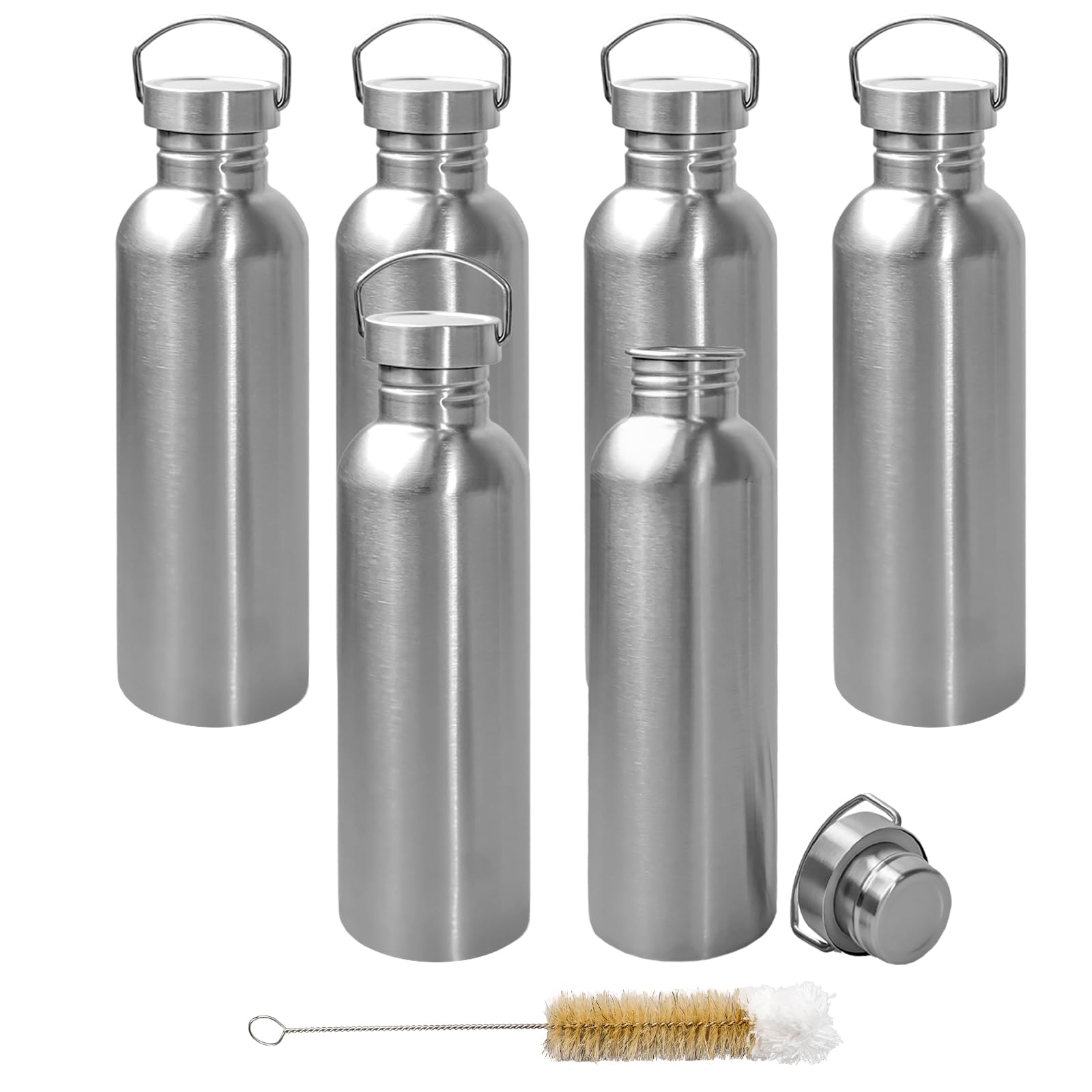 LECEHIVO 6 Pack Uninsulated Single Walled Sports Water Bottle with Cleaning Brush 304 18/8 Stainless Steel Camping Water Bottle for Cyclists Runners