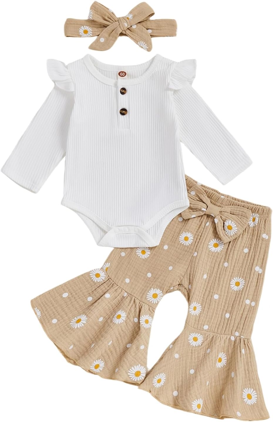 Newborn Baby Girl Fall Clothes Ruffle Romper Long Sleeve Onesie Daisy Print Flared Pants Set Headband Clothes Set