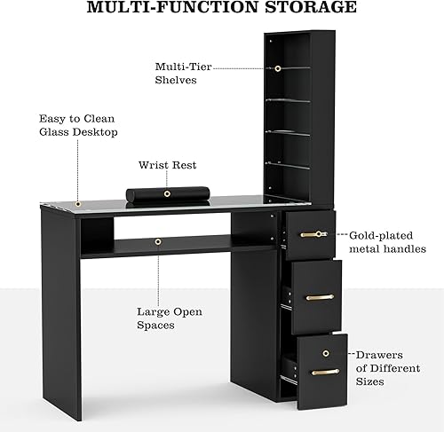 Miniatura 4 de Paddie Mesa de manicura para tecnología de uñas con cajones, estación de escritorio de uñas superior de vidrio con estantes de almacenamiento, cojín