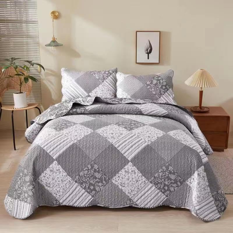 Bluemoon Bedding 3 Piece Printed Patchwork Bedspread Quilted Bed Throw Comforter with Pillow Shams, King Size, 230cm x 250cm, BM01