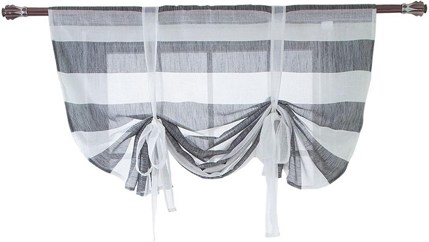 A.Monamour Striped Rod Pocket Tie Up Roman Shades Balloon Curtain Sheer Voile Window Treatments Valances Drapes for Kitchen Café Bedroom Living Room - Grey White
