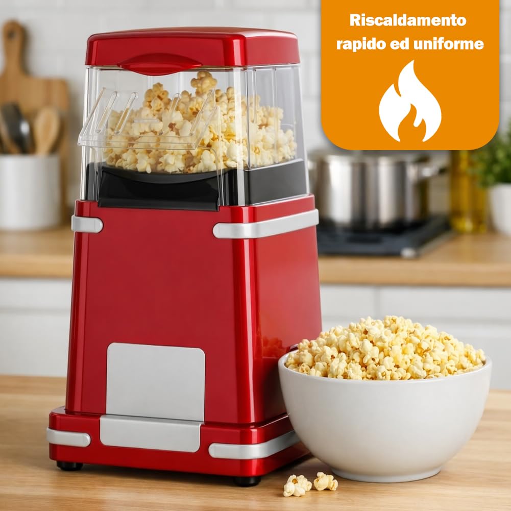 BAKAJI Macchina per Popcorn ad Aria Calda 1200W Potenza con Dosatore Cucchiaino Incluso, Popcorn Machine Design Retrò Facile da Usare One Touch Pronti in 3 Minuti, Perfetta per Feste e Serate Cinema