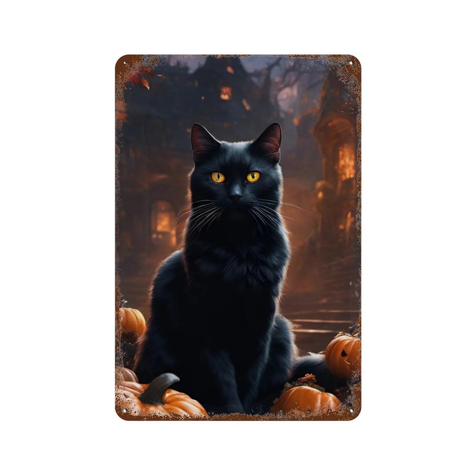 Halloween Black Cat with Pumpkins-8 Aged Metal Wall Plaque 11.8"x7.9", for Office, Studio And Wall Decor, Novelty Wall Decor