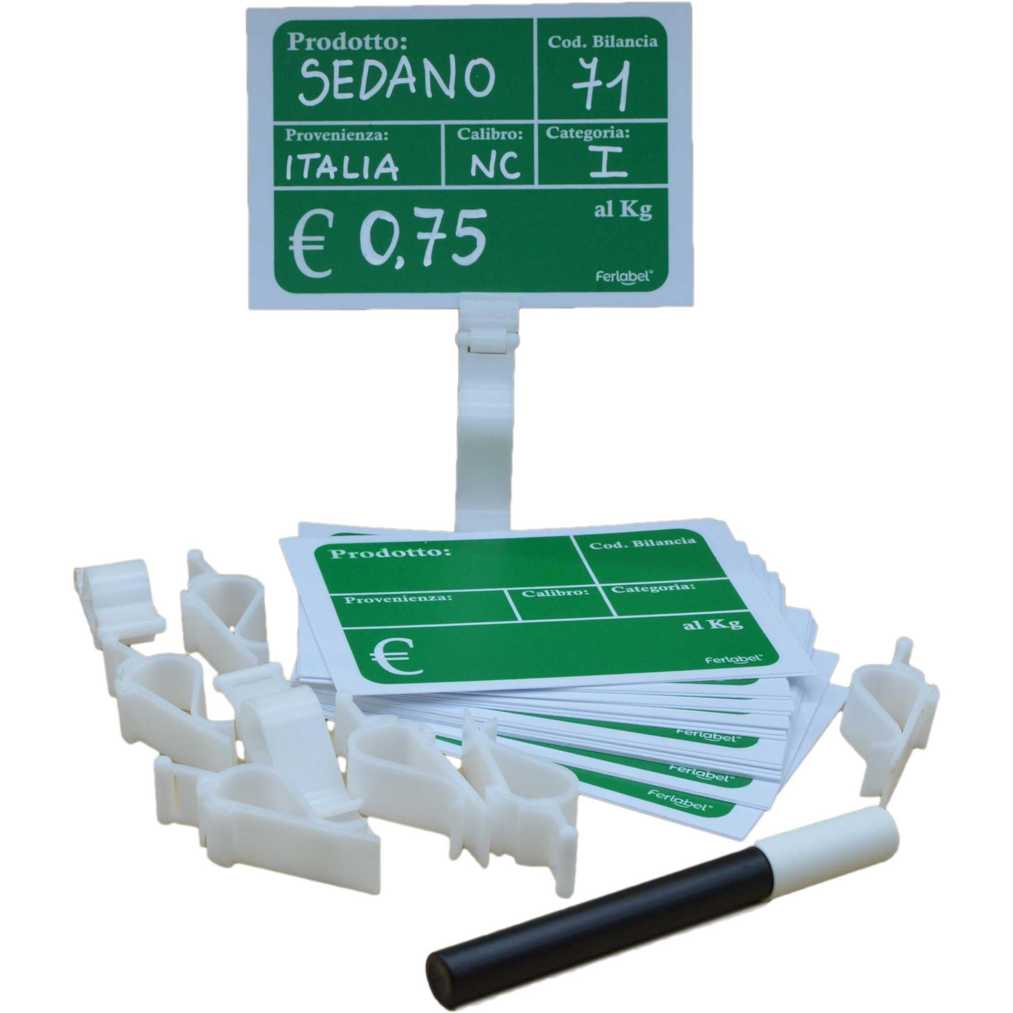 FERLABEL KIT 50 PEZZI LAVAGNETTA CANCELLABILE ORTOFRUTTA + 50 MOLLETTE + 1 PENNARELLO AD ACQUA