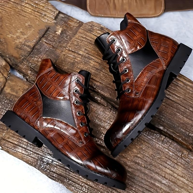 Mens Vintage Grid Pattern PU Leather Work Boots - Comfortable & Durable, Anti-Skid Lace-up Design, Breathable Ankle Boots for Outdoor Adventures - Perfect for Hiking, Work, or Casual Style3