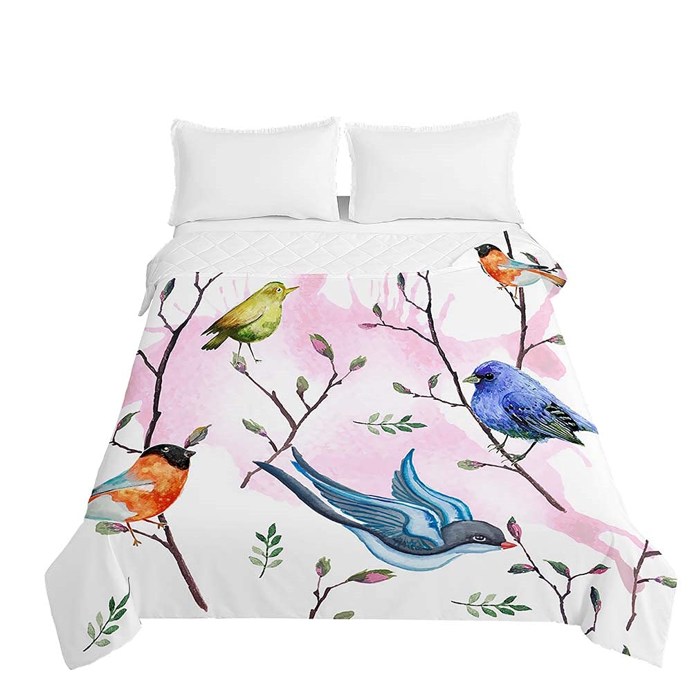 Surwin Couvre Lit Matelassé pour 1 ou 2 Personnes, Dessus de Lit Imprimé Oiseau Floral Printanier 3D Couverture de lit en Microfiber Doux Jeté de Lit Printemps Été (Joli Couple,180x220cm