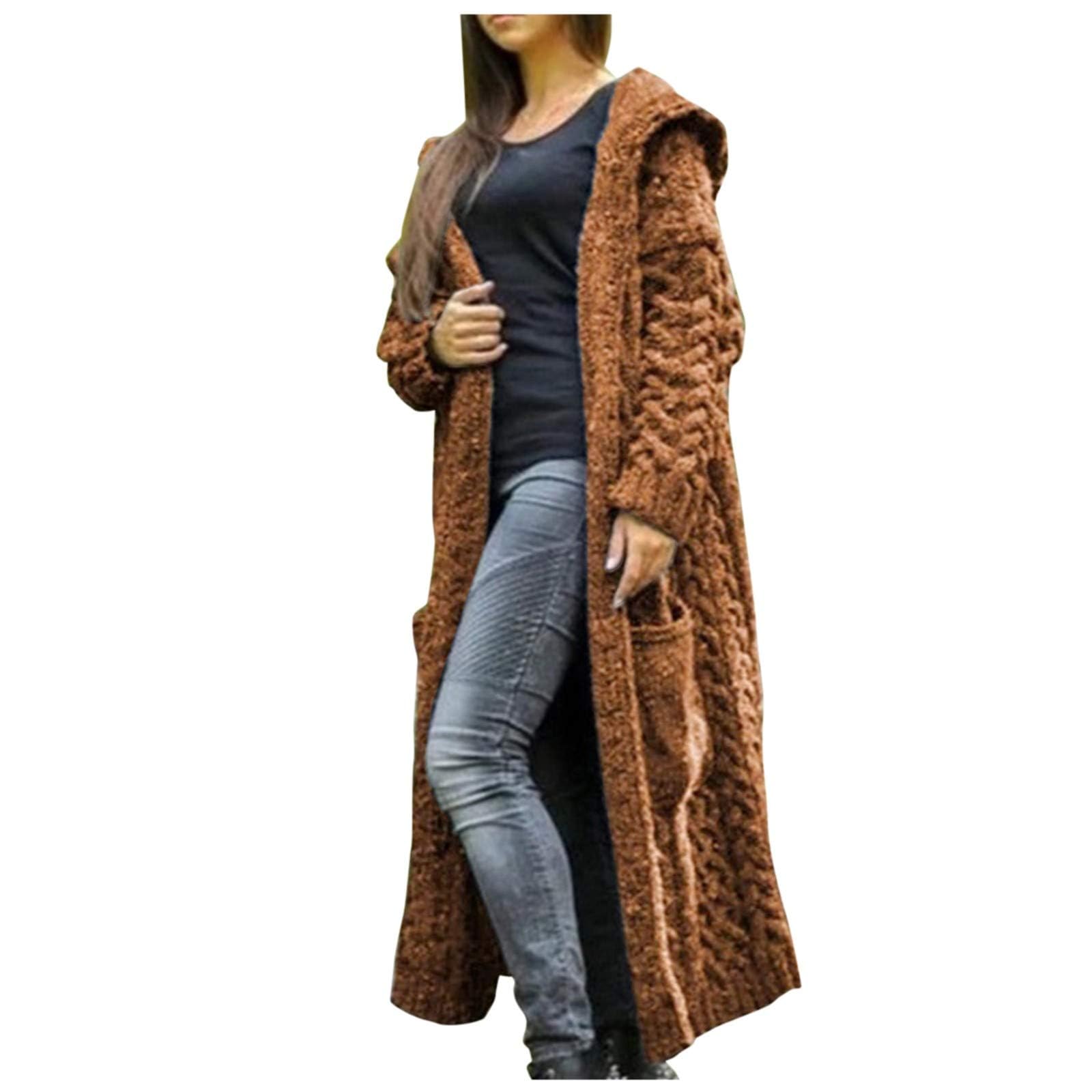 Womens Plus Size Chunky Knit Cardigan Sweater Long Sleeve Open Front Hooded Coat Warm Cable Knit Long Cardigan