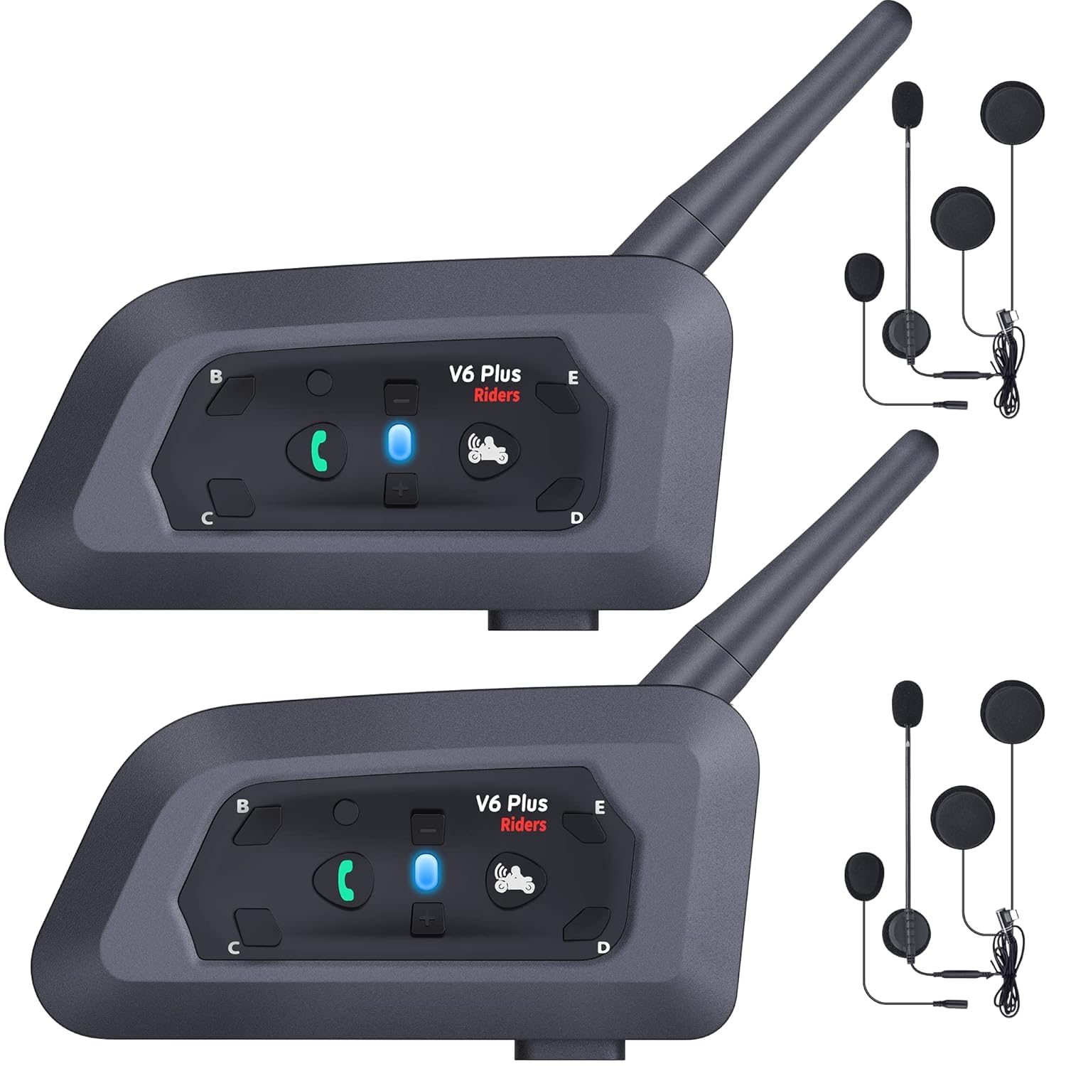 ZODUCT V6 Plus Motorcycle Helmet Bluetooth Intercom Headset, 1500M Wireless Communication System, Connect Up to 6 Riders, Waterproof Motorbike, Noise Cancellation On Ear Headset (2 Pack)