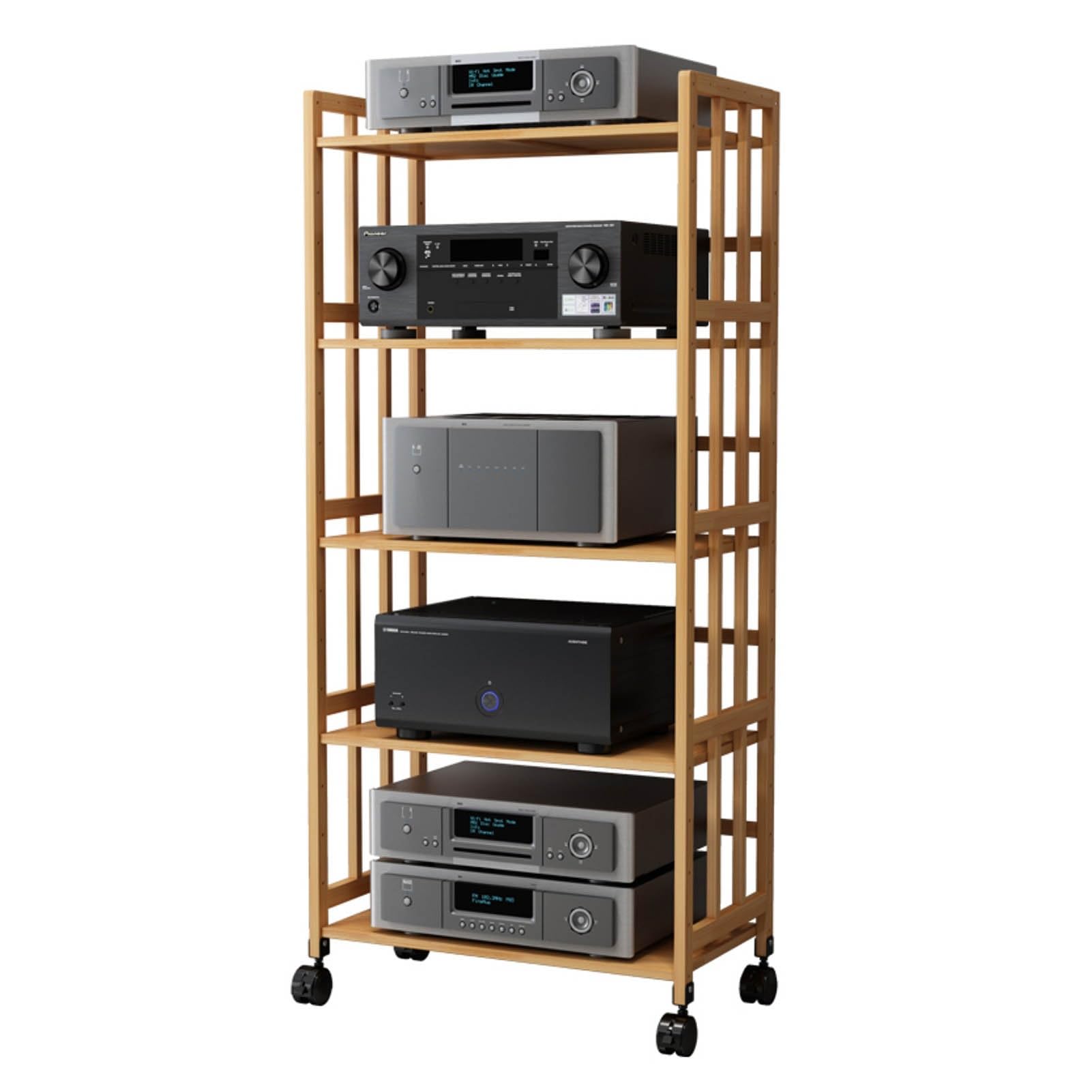 Stojak na Media z Bambusa, 2/3/4/5 Poziomów, Stojak na Sprzęt Audio, Regulowane Półki, Ruchoma Stojak na Drukarkę, Stojak do Przechowywania Komponentów Stereo(5 tier 60x38x158CM)