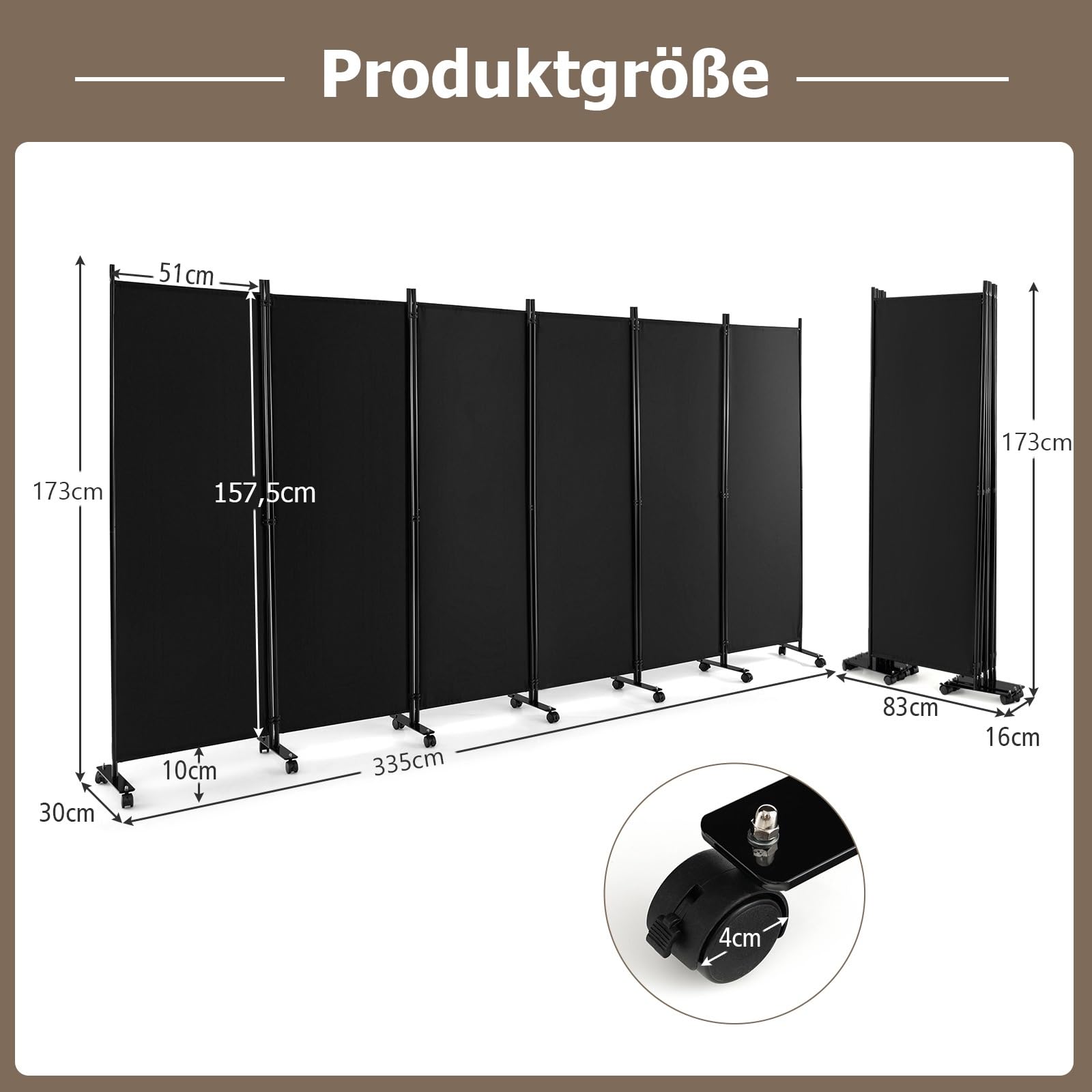 GIANTEX Paravent Raumteiler mit Rollen Raumtrenner Spanische Wand 6 Teilig | Trennwand Garten Balkon Terrasse 335x173 cm Umkleide Sichtschutz Klappbar Mobil Stellwand aus Stoff Innen & Außen Schwarz